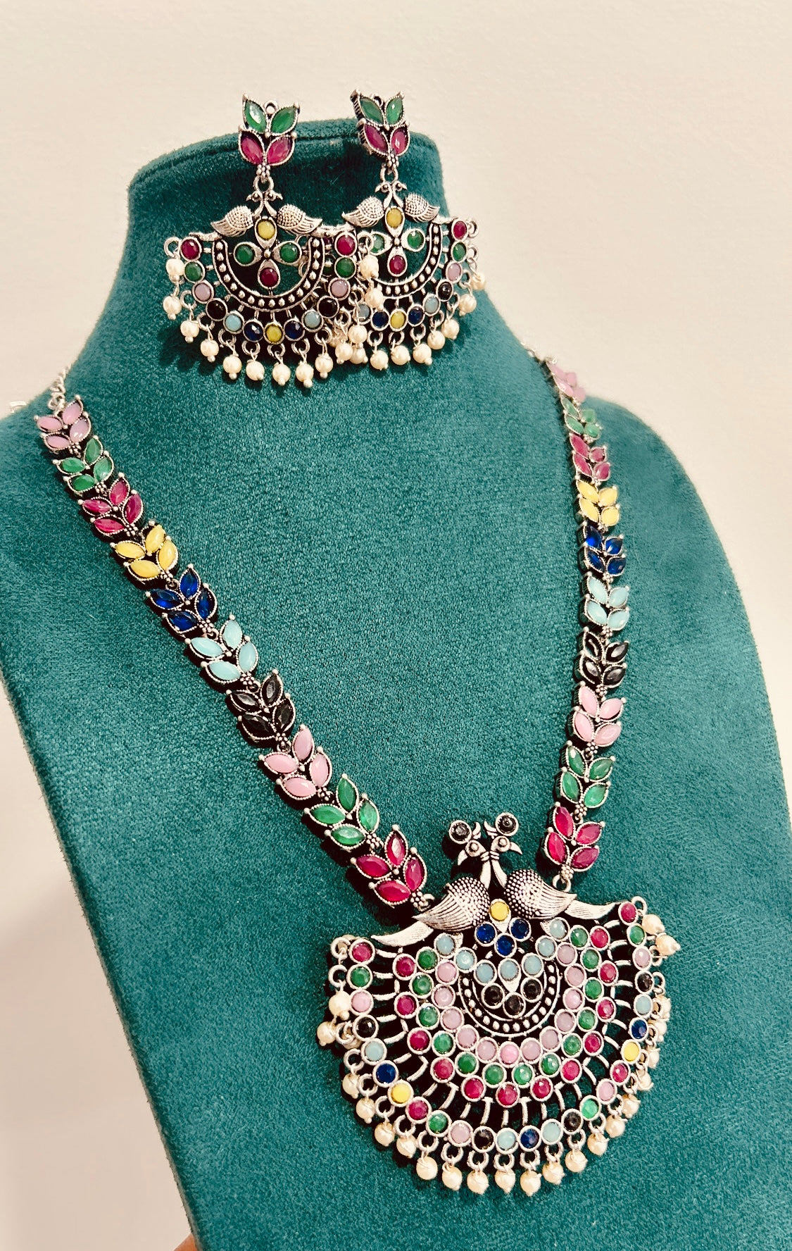 German Silver Multicolor Peacock Necklace Set@Auxerra