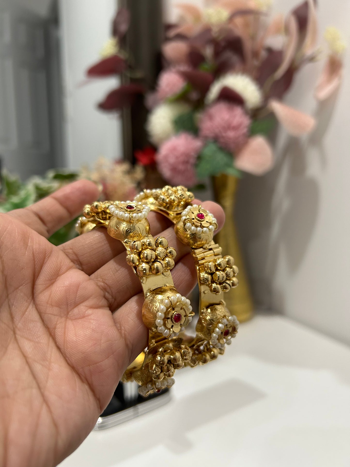 Antique Gold-Plated Pearl & Ruby Kada Bangles (Set of 2)@Auxerra