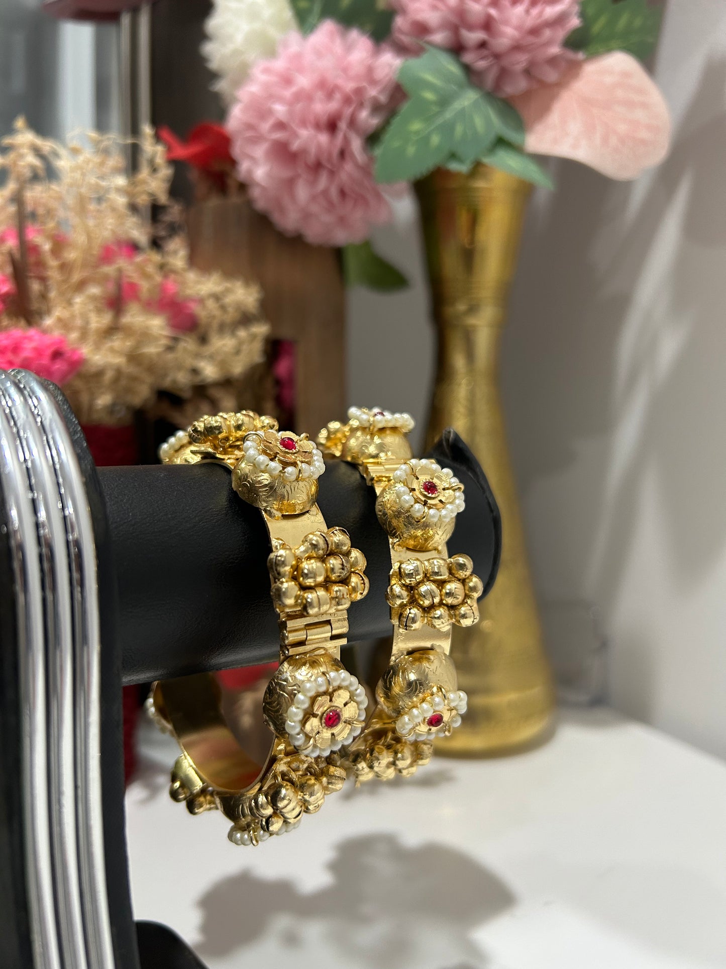 Antique Gold-Plated Pearl & Ruby Kada Bangles (Set of 2)@Auxerra