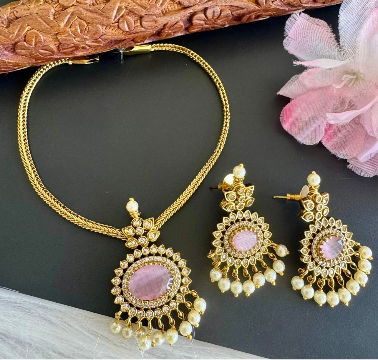 Gold Pink Stone Necklace with Pearl Drops & Earrings