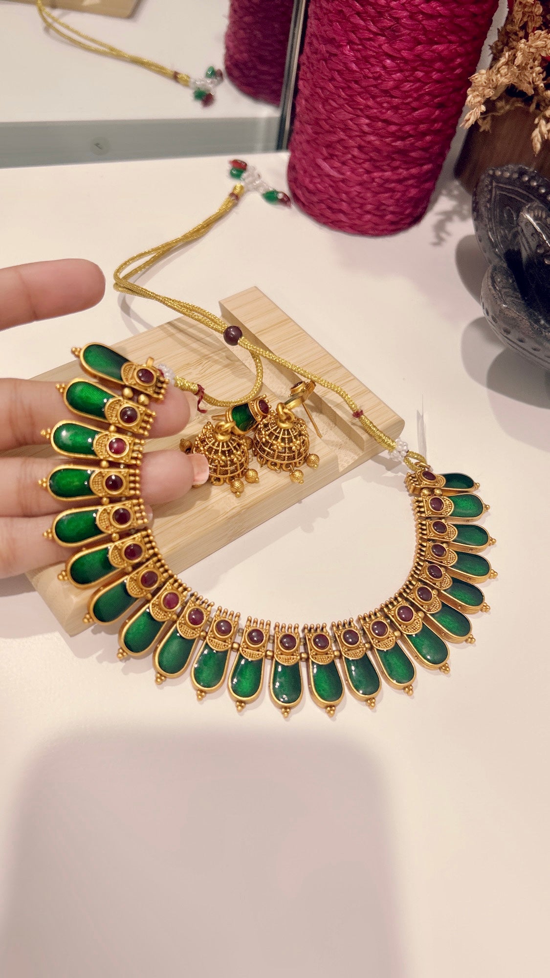 Royal Green Enamel Gold-Tone Choker Necklace Set with Jhumka Earrings@Auxerra