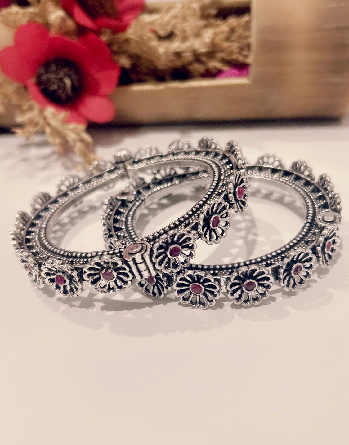 Antique Floral Oxidized Silver Bangles – Multicolor Variants@Auxerra