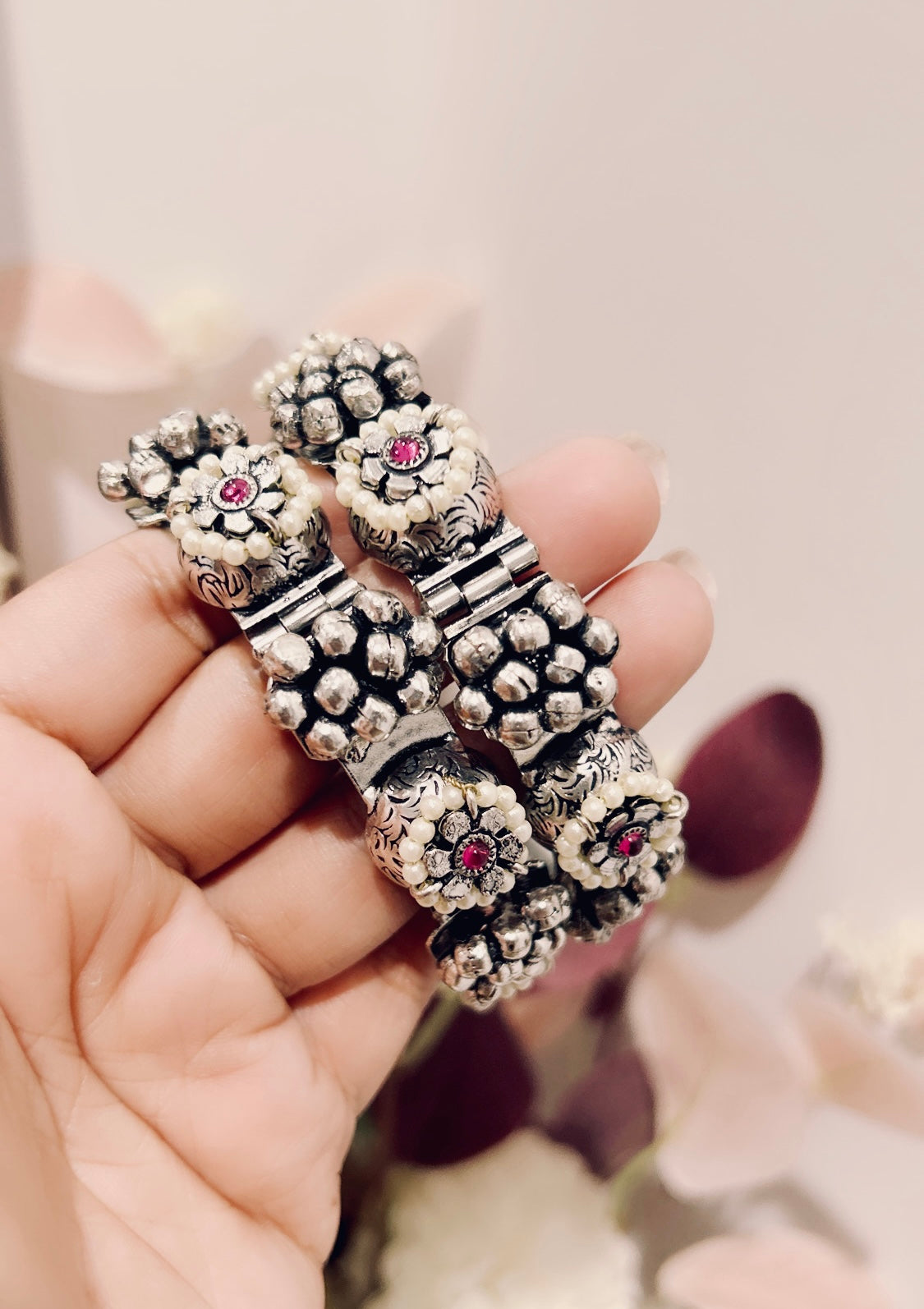 Antique Gold-Plated Pearl & Ruby Kada Bangles (Set of 2)@Auxerra