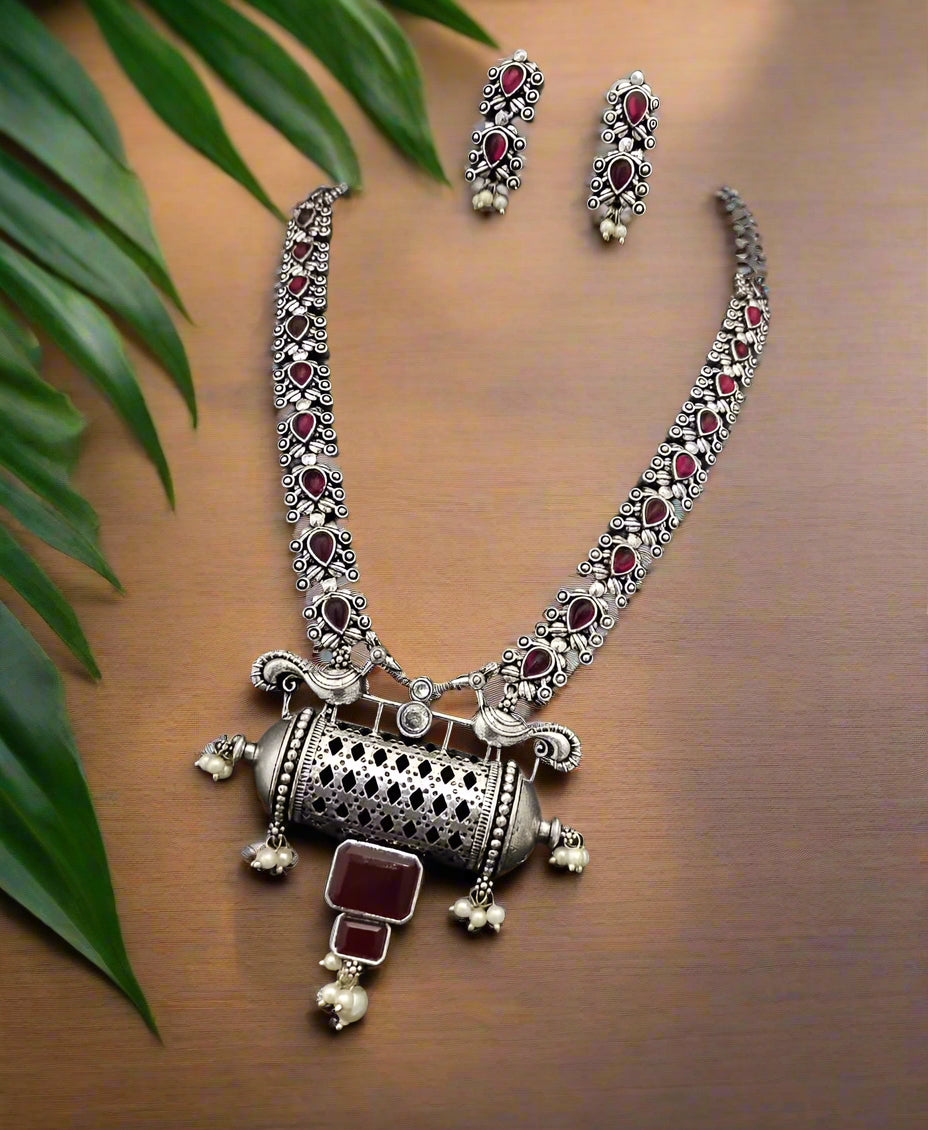 Premium German Silver Antique Ruby Necklace Set@Auxerra