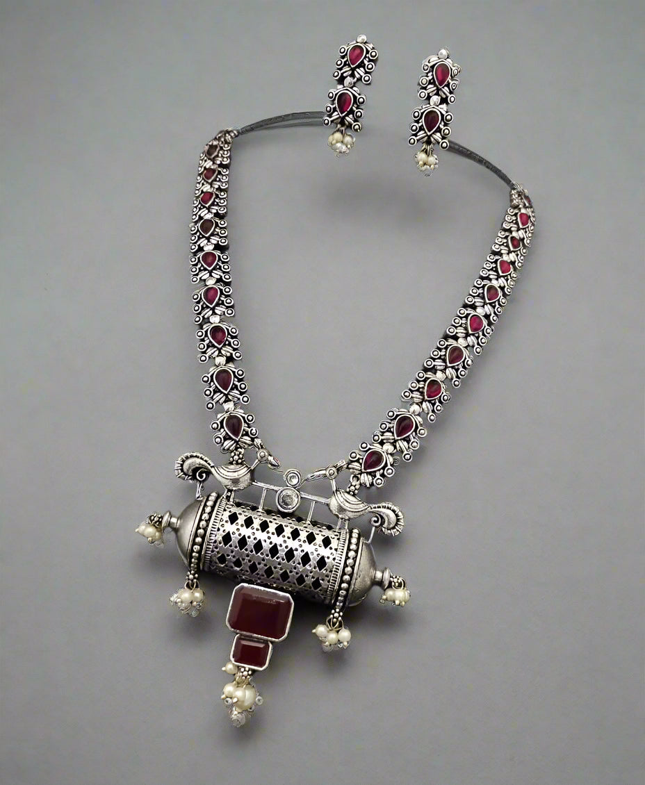 Premium German Silver Antique Ruby Necklace Set@Auxerra