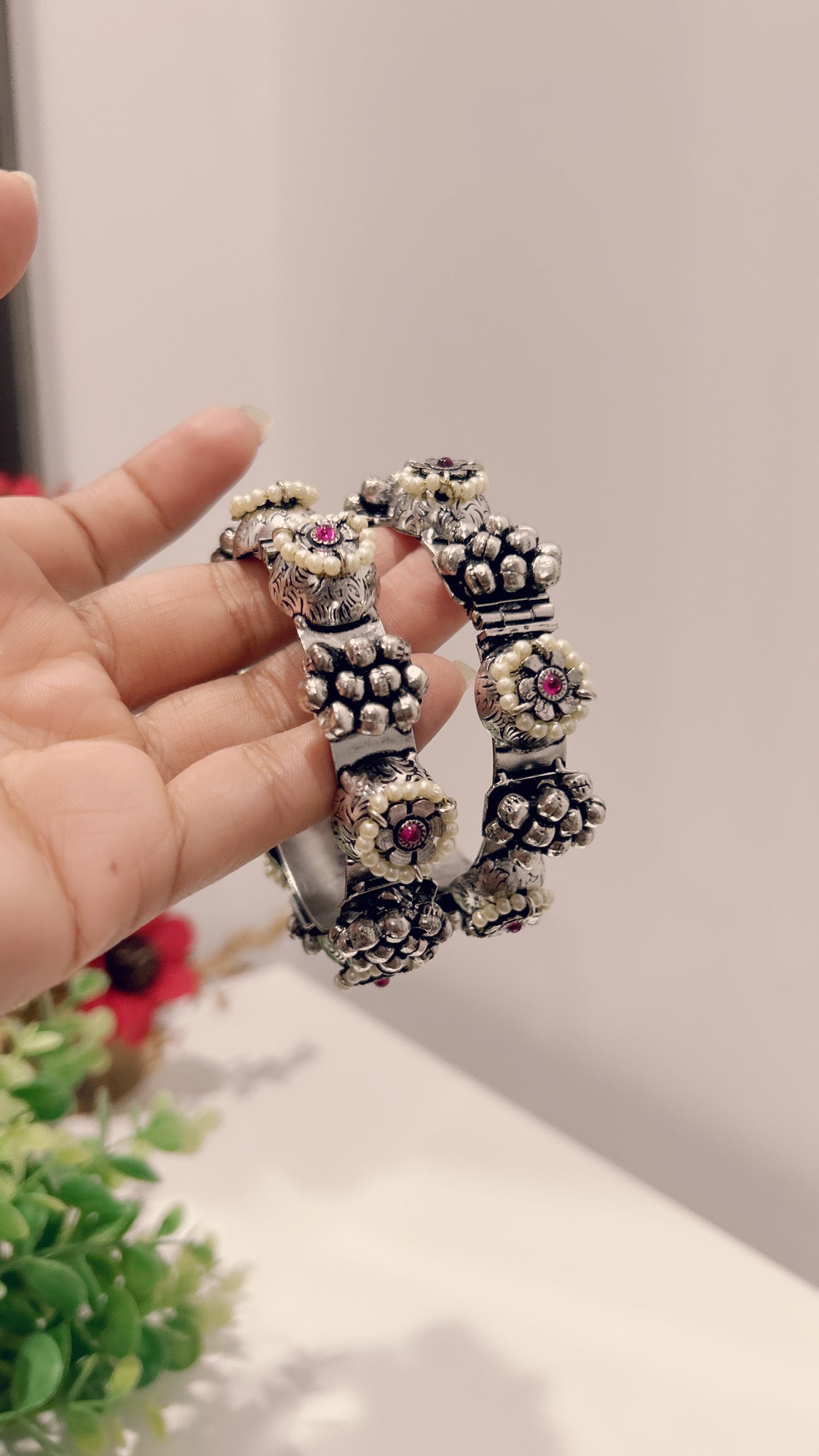 Antique Gold-Plated Pearl & Ruby Kada Bangles (Set of 2)@Auxerra