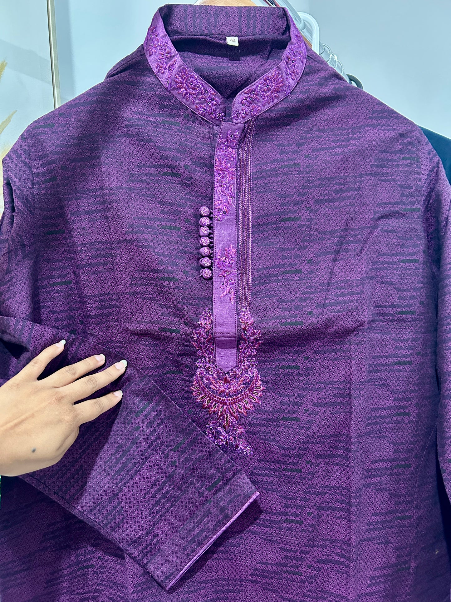 Royal Purple Embroidered Cotton Panjabi | Auxerra Fashion| Auxerra Fashion