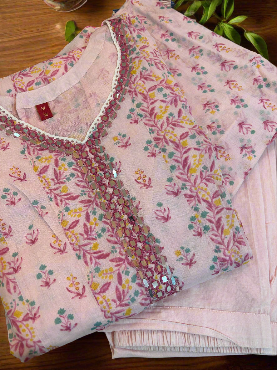 Floral Pink Cotton Dress with Matching Pants and Dupatta@Auxerra