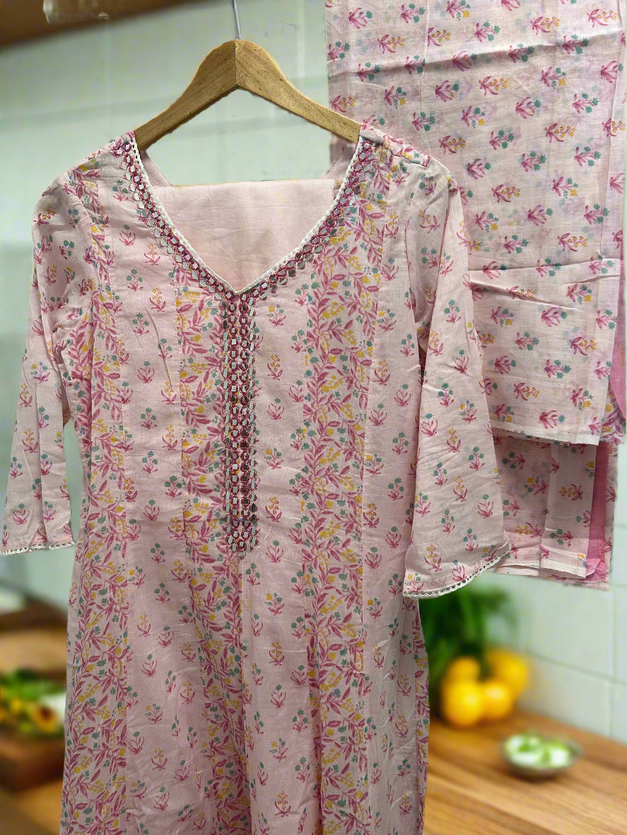 Floral Pink Cotton Dress with Matching Pants and Dupatta@Auxerra