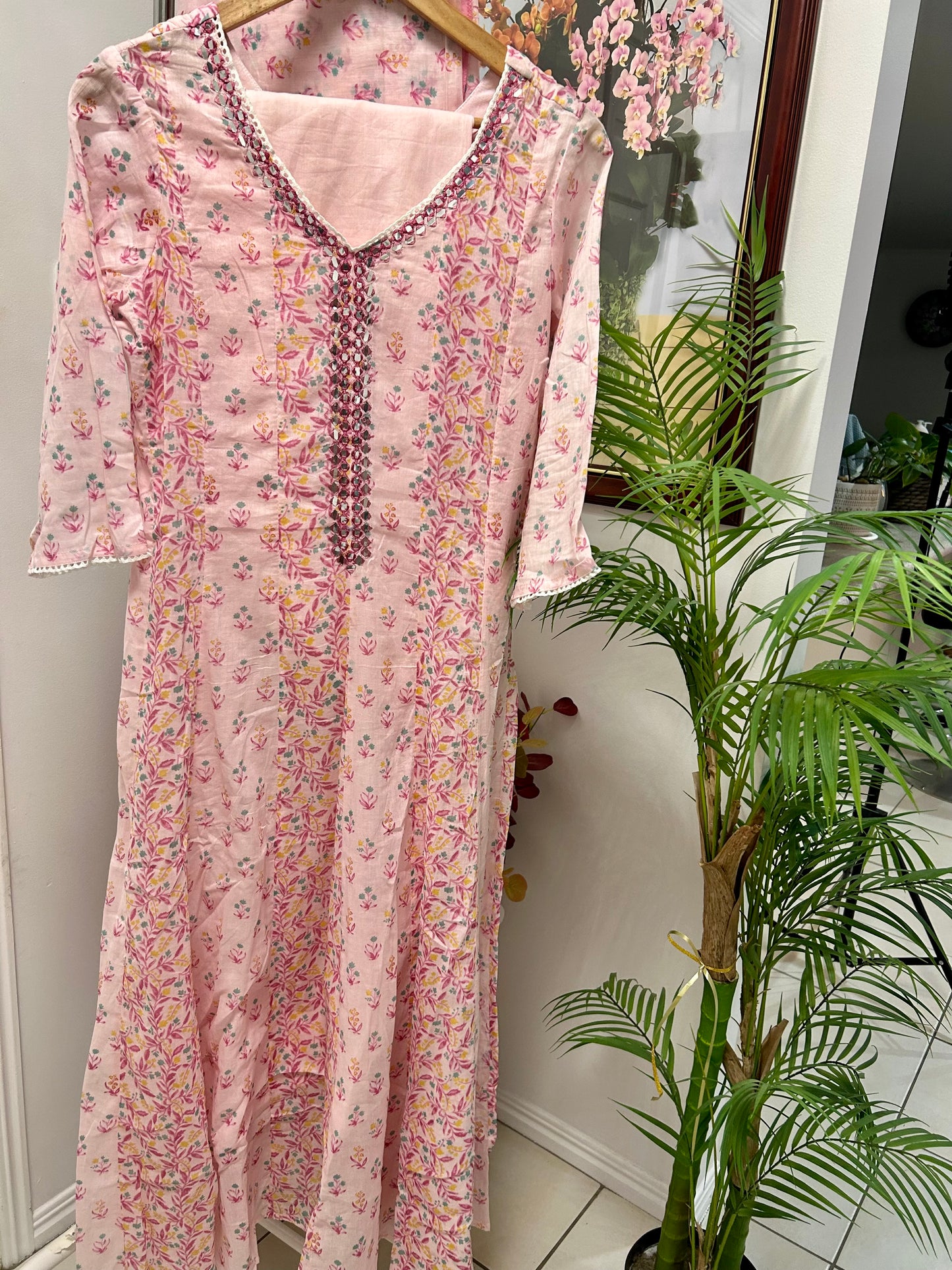 Floral Pink Cotton Dress with Matching Pants and Dupatta@Auxerra