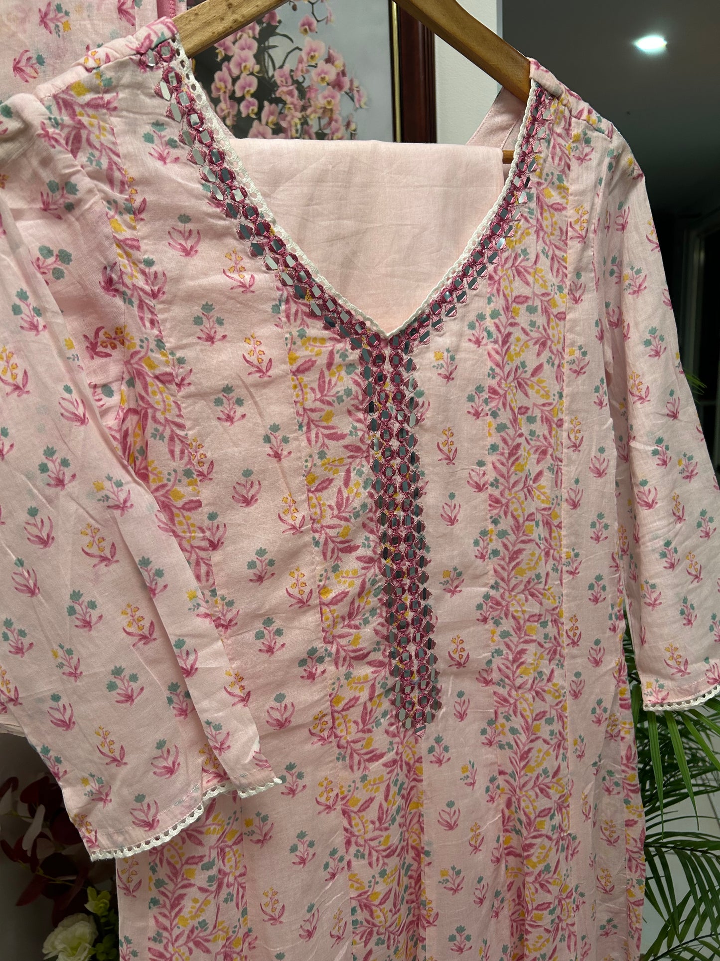 Floral Pink Cotton Dress with Matching Pants and Dupatta@Auxerra