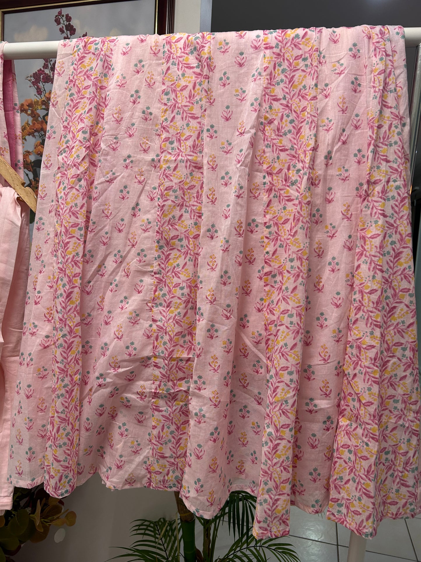 Floral Pink Cotton Dress with Matching Pants and Dupatta@Auxerra