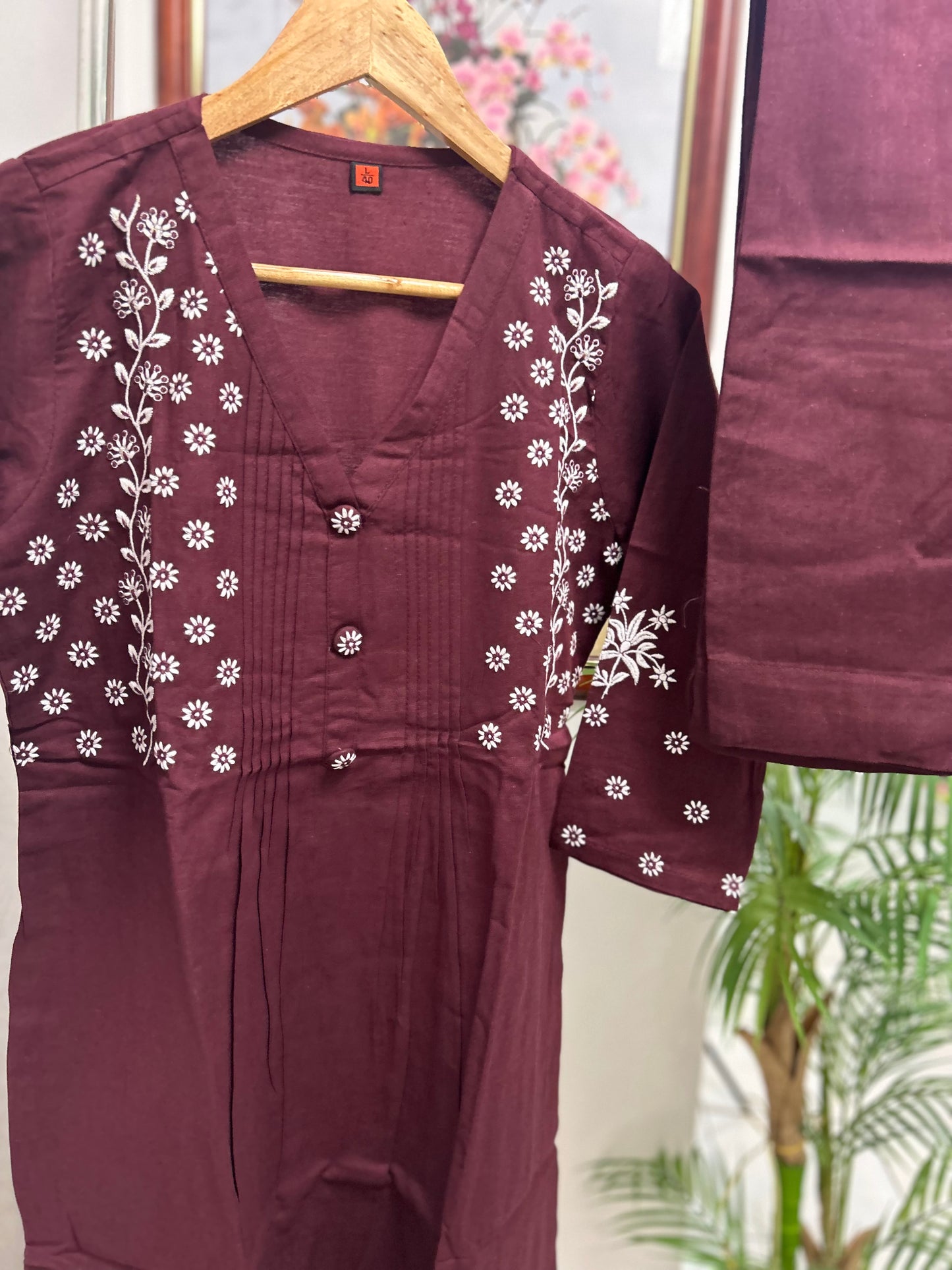 Maroon Cotton Dress with Pants@Auxerra