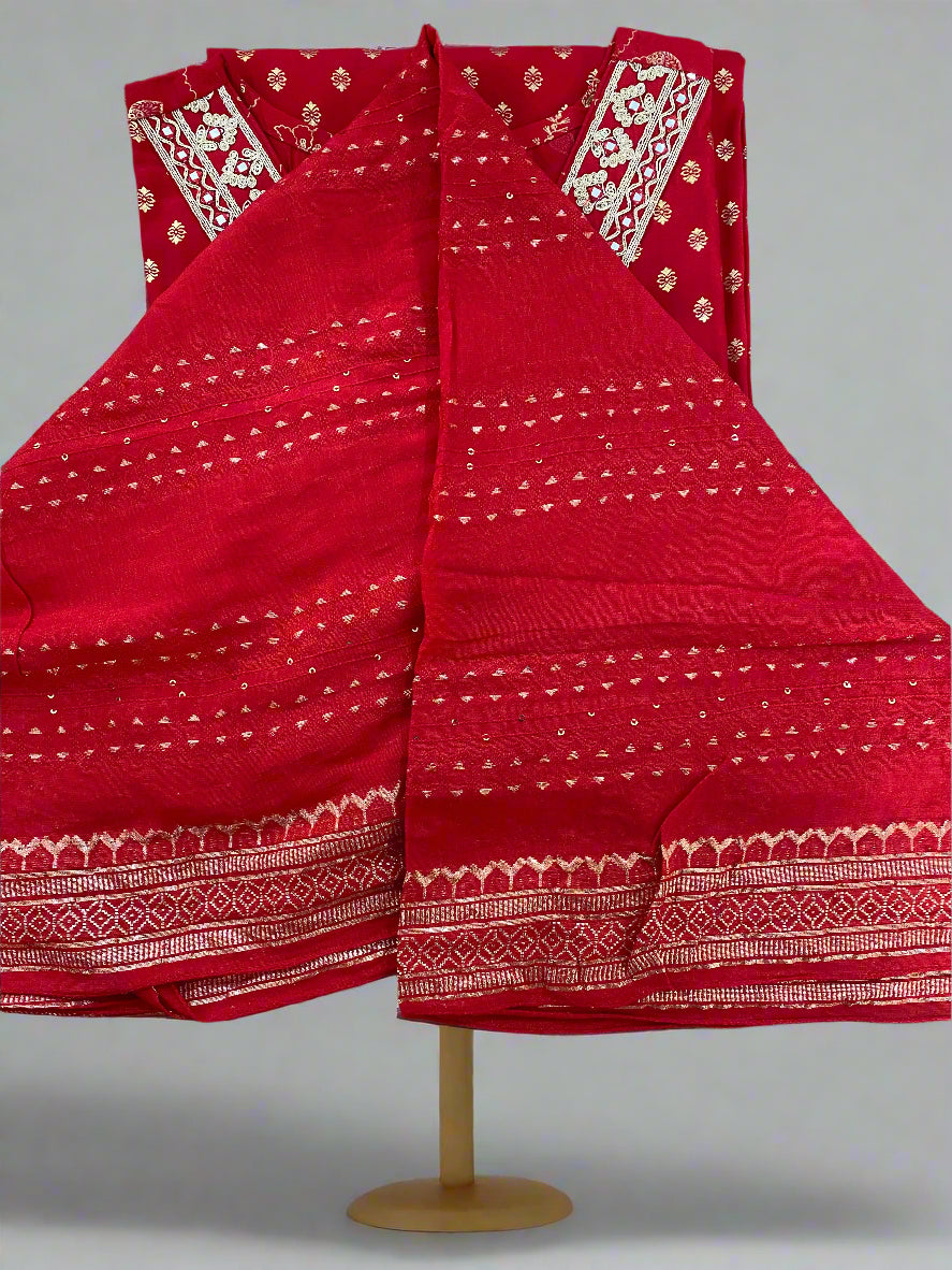 Red Semi-Silk Ethnic Ensemble with Intricate Gold Detailing@Auxerra
