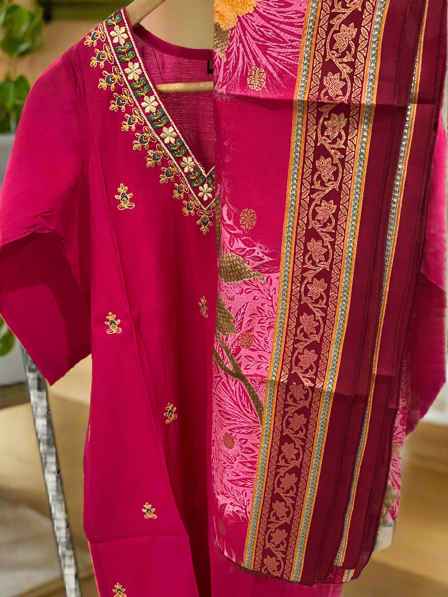 Magenta Embroidered Silk Suit Set@Auxerra