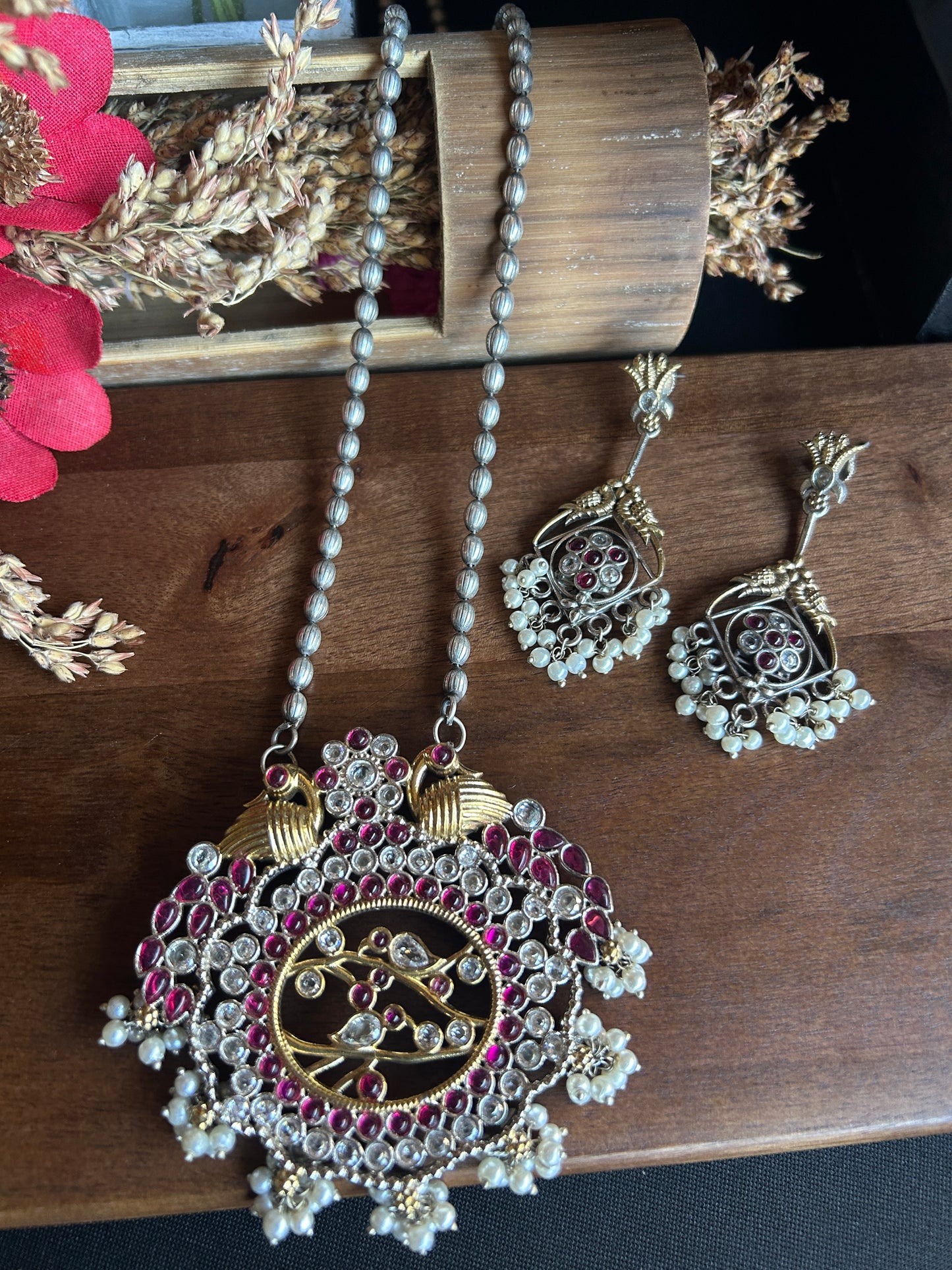 Vintage Silver & Ruby Filigree Necklace Set@Auxerra