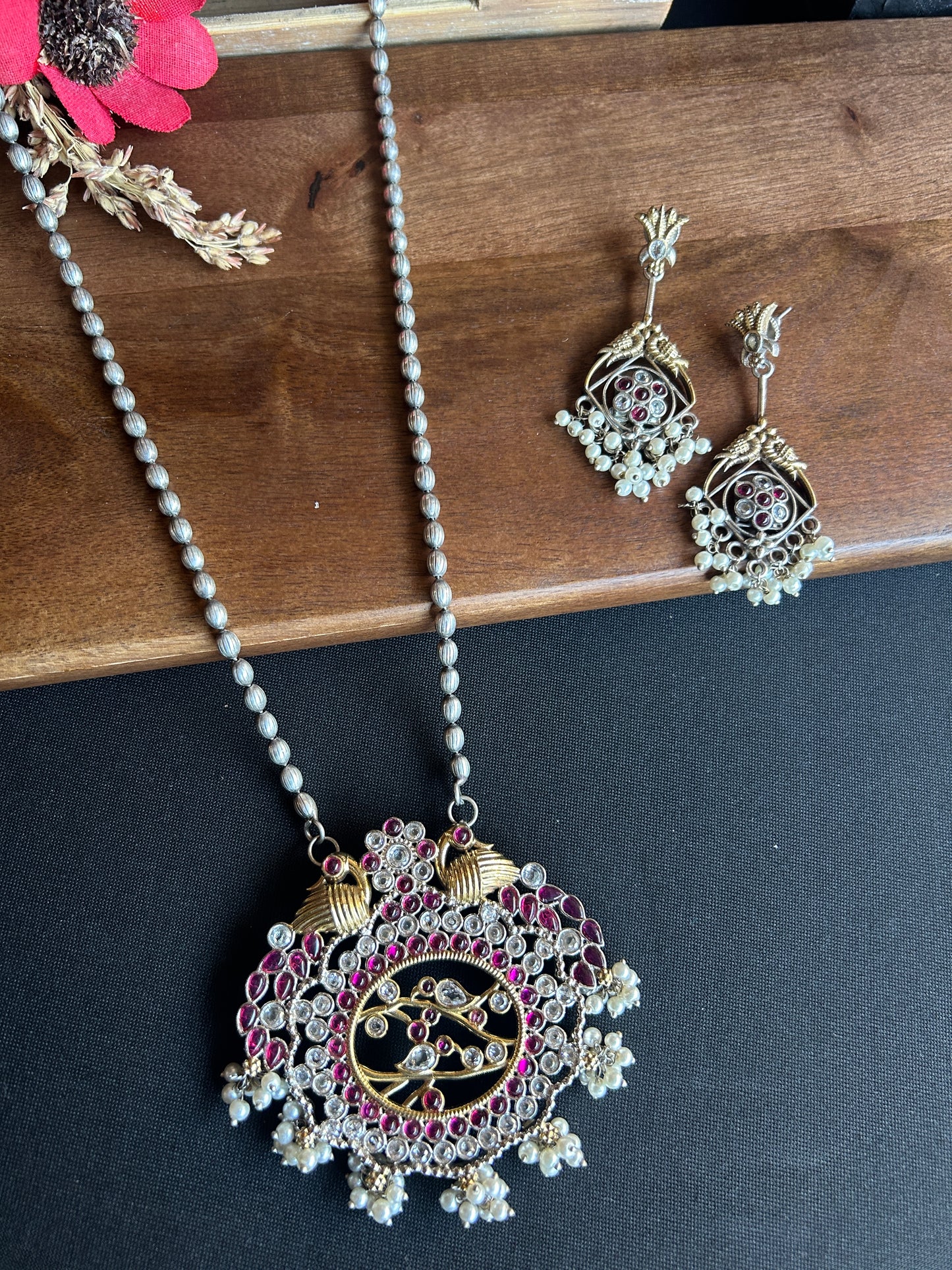 Vintage Silver & Ruby Filigree Necklace Set@Auxerra