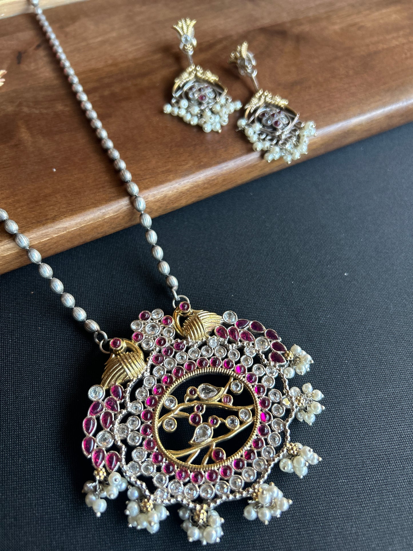 Vintage Silver & Ruby Filigree Necklace Set@Auxerra