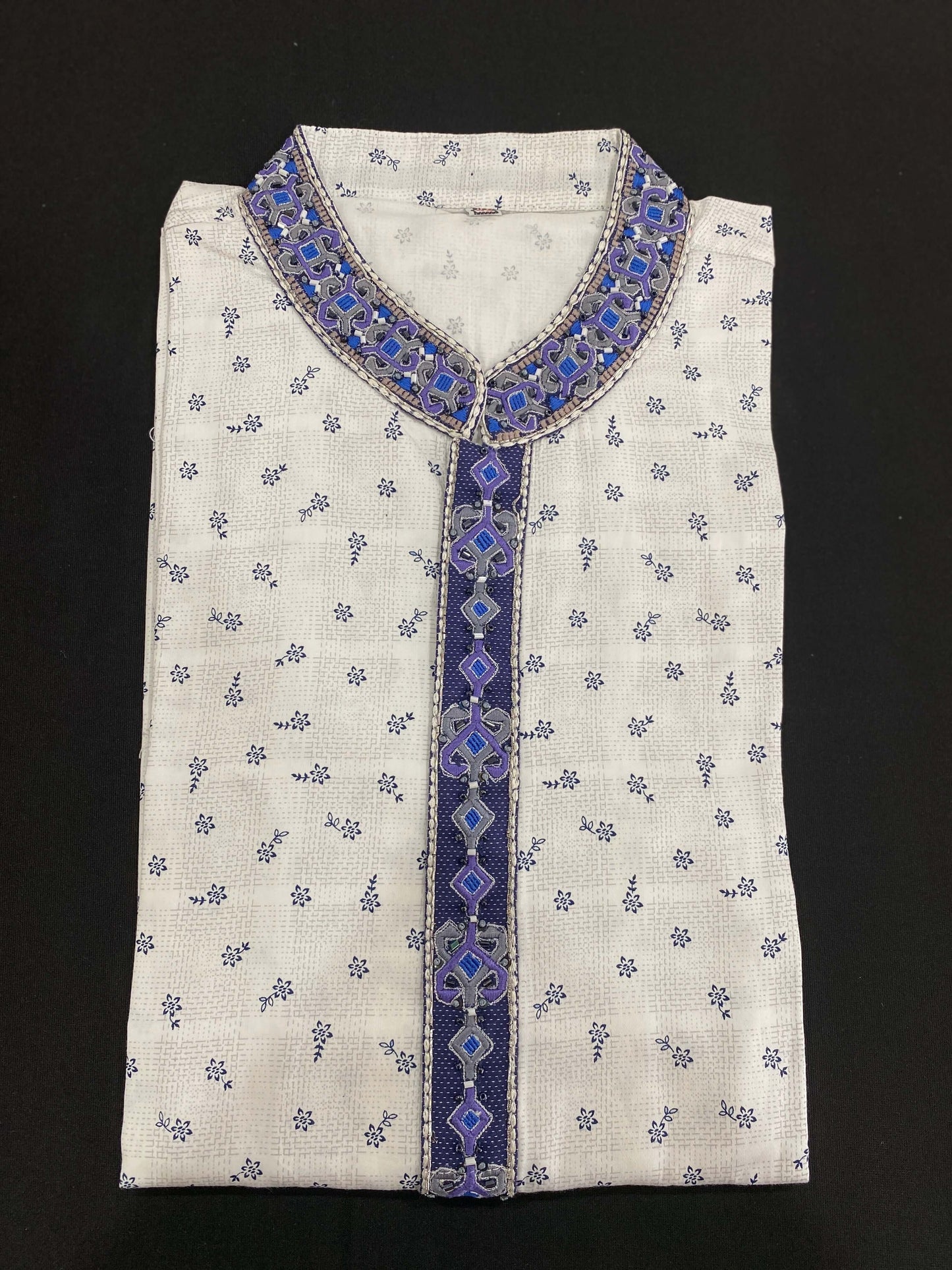 White Cotton Panjabi with Blue Embroidery@Auxerra