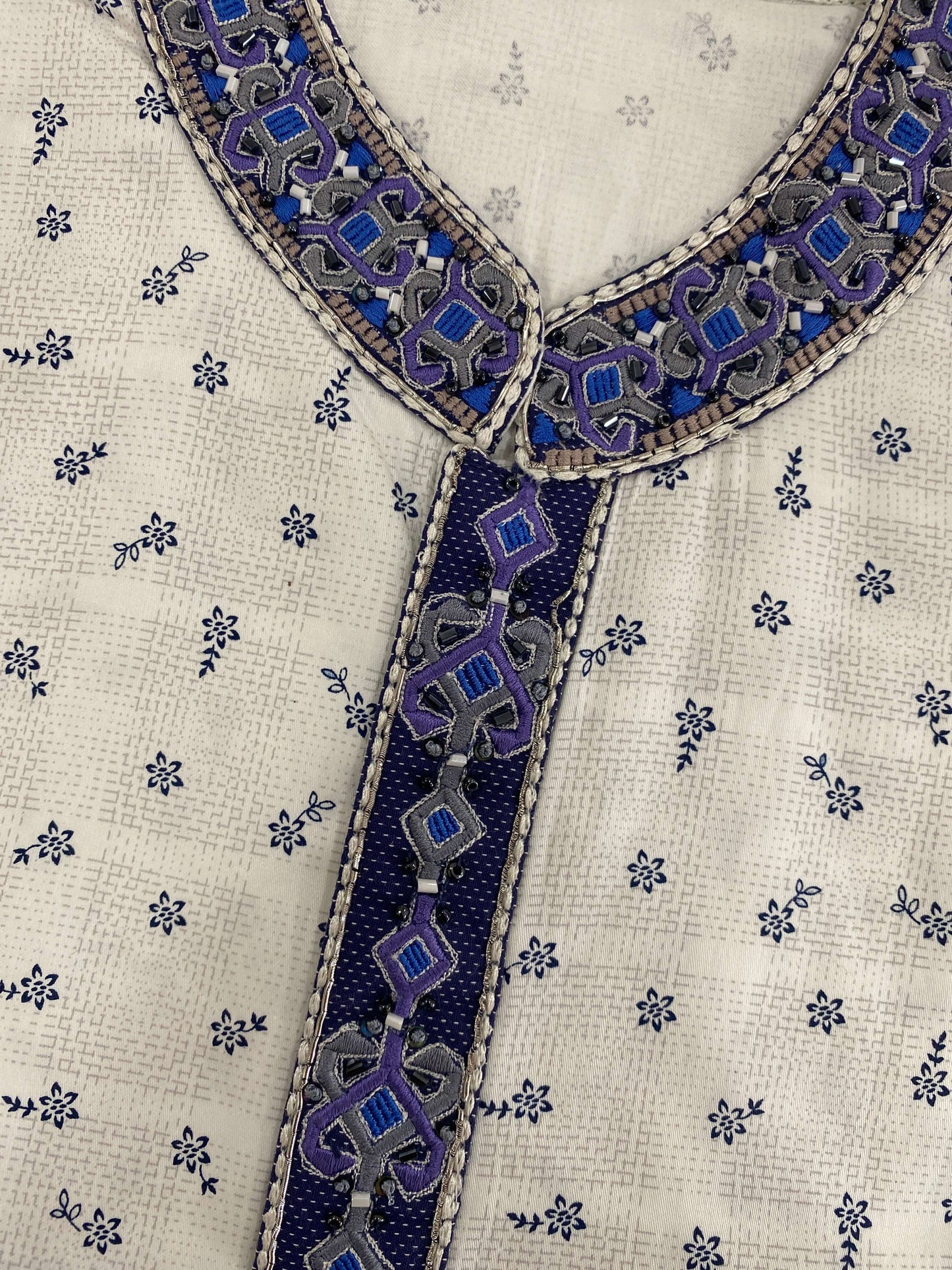 White Cotton Panjabi with Blue Embroidery@Auxerra