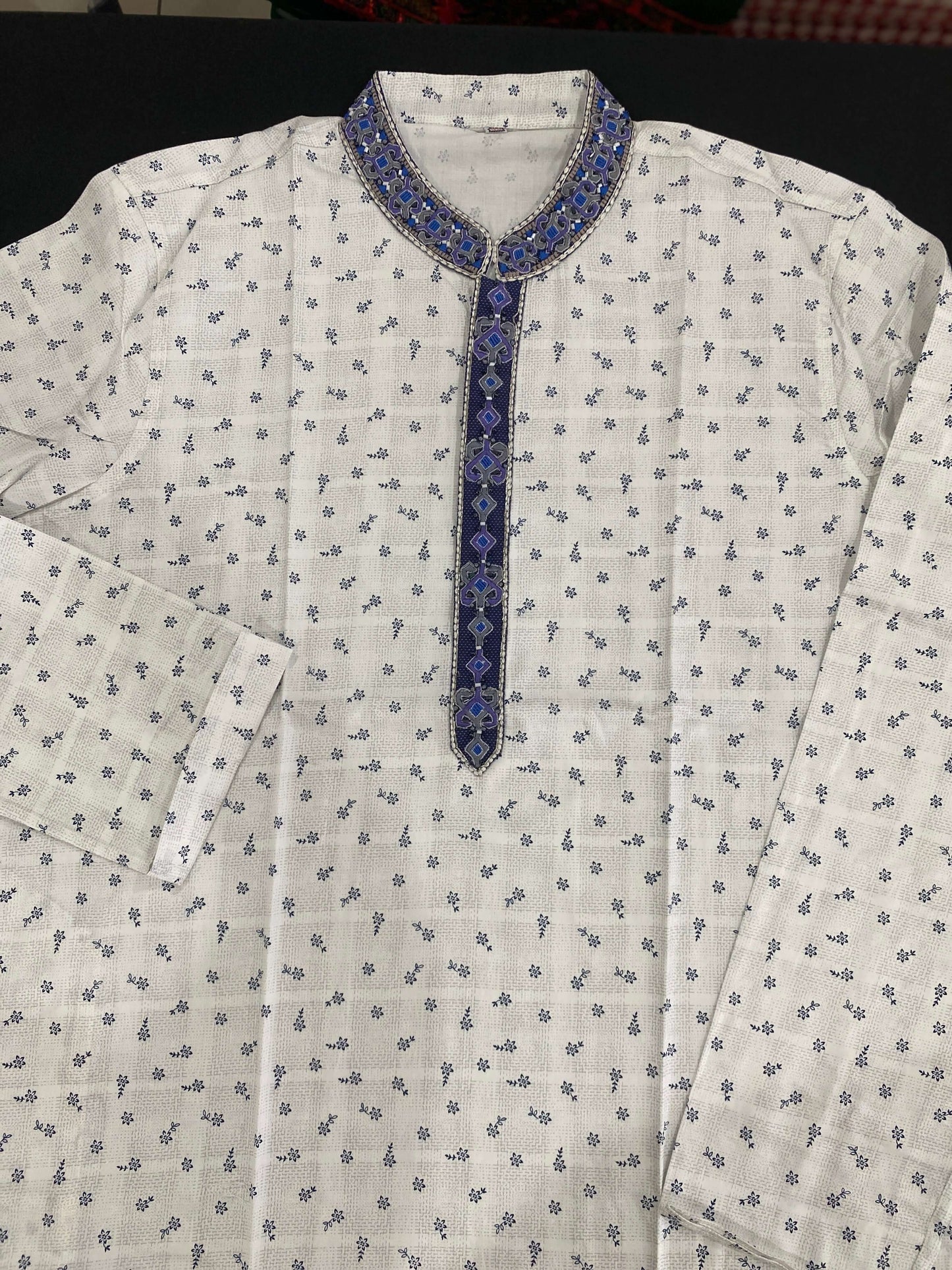 White Cotton Panjabi with Blue Embroidery@Auxerra