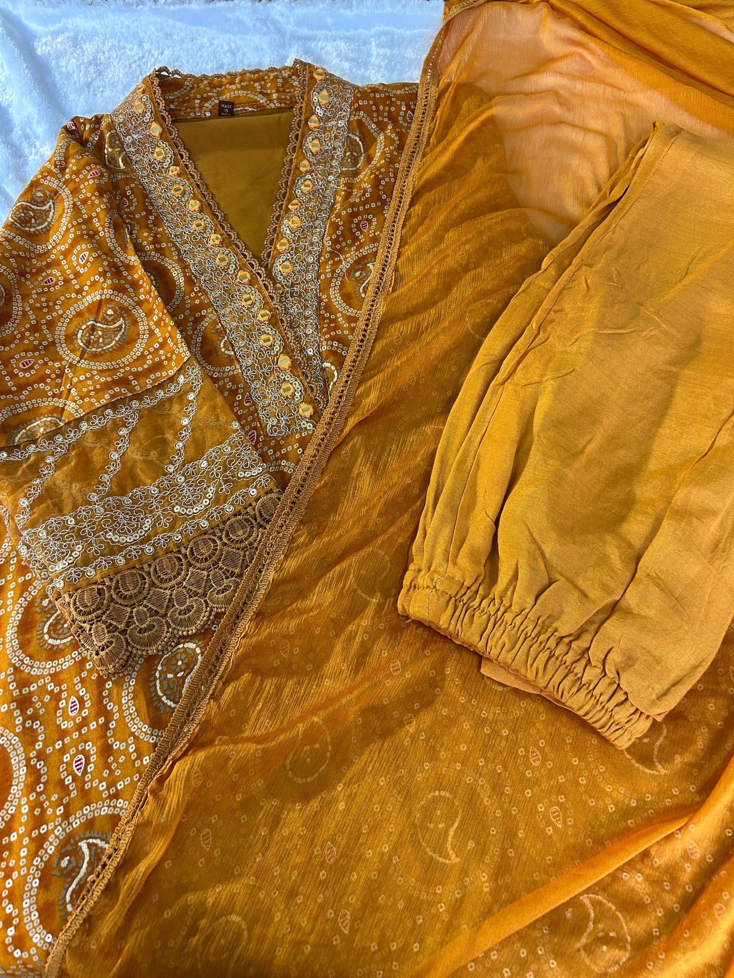 Mustard Bandhani Mirror Work Salwar suit@Auxerra
