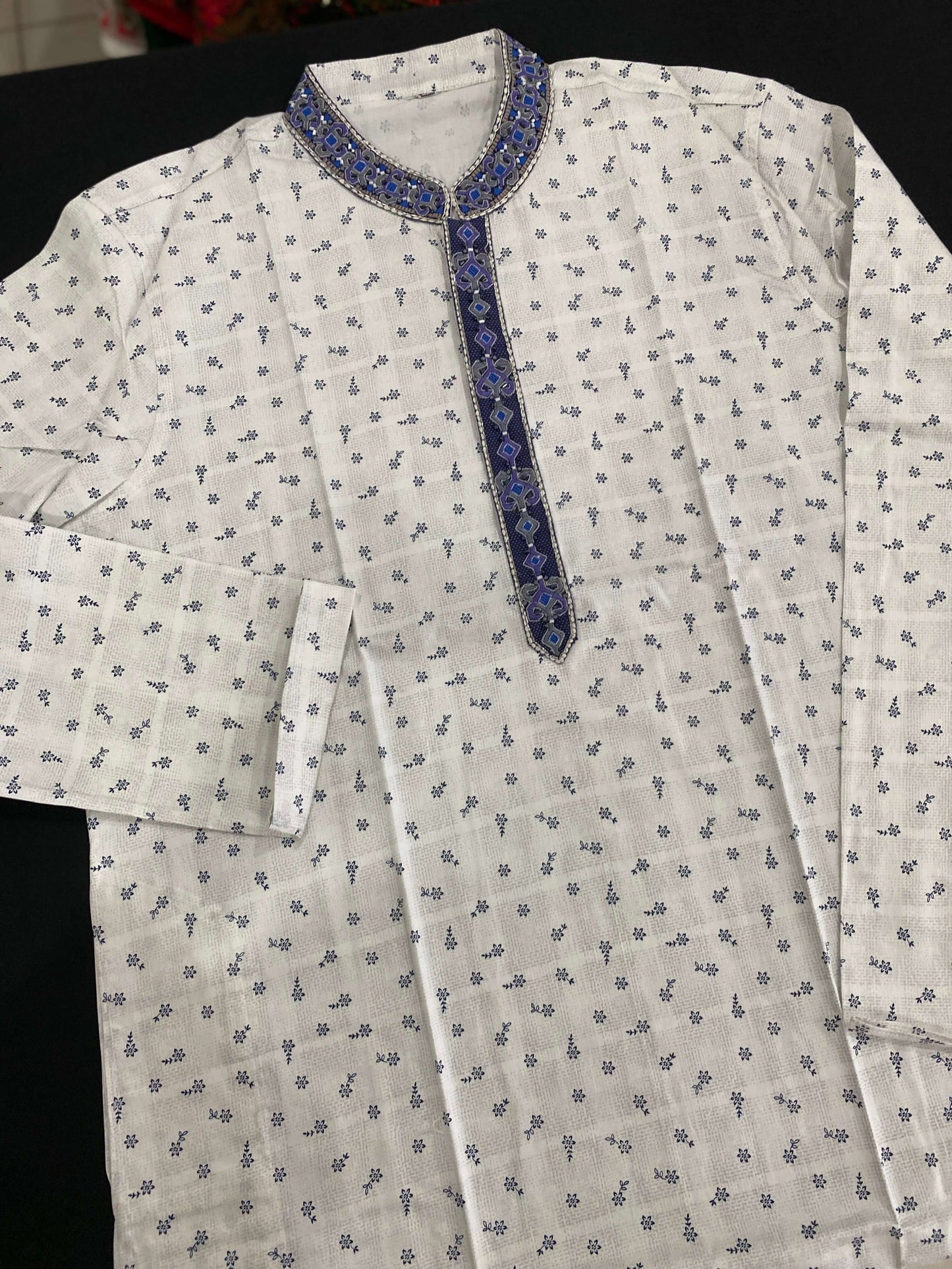 White Cotton Panjabi with Blue Embroidery@Auxerra