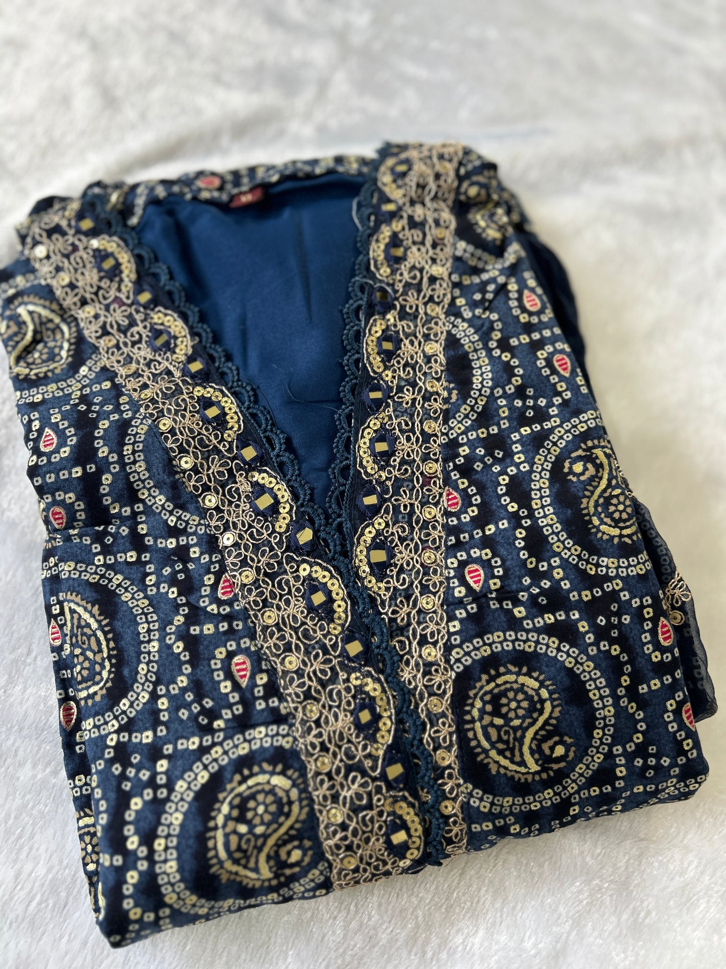 Navy Blue Bandhani Mirror Work Salwar Kameez with Dupatta@Auxerra