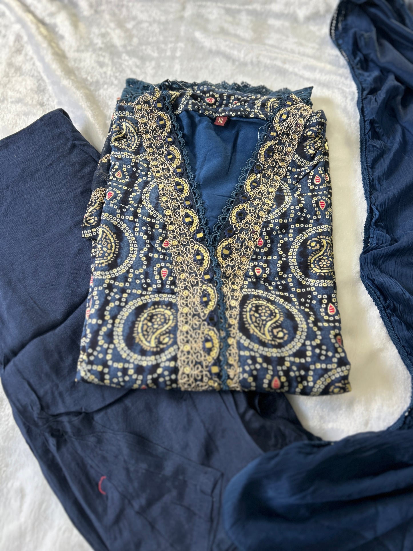 Navy Blue Bandhani Mirror Work Salwar Kameez with Dupatta@Auxerra
