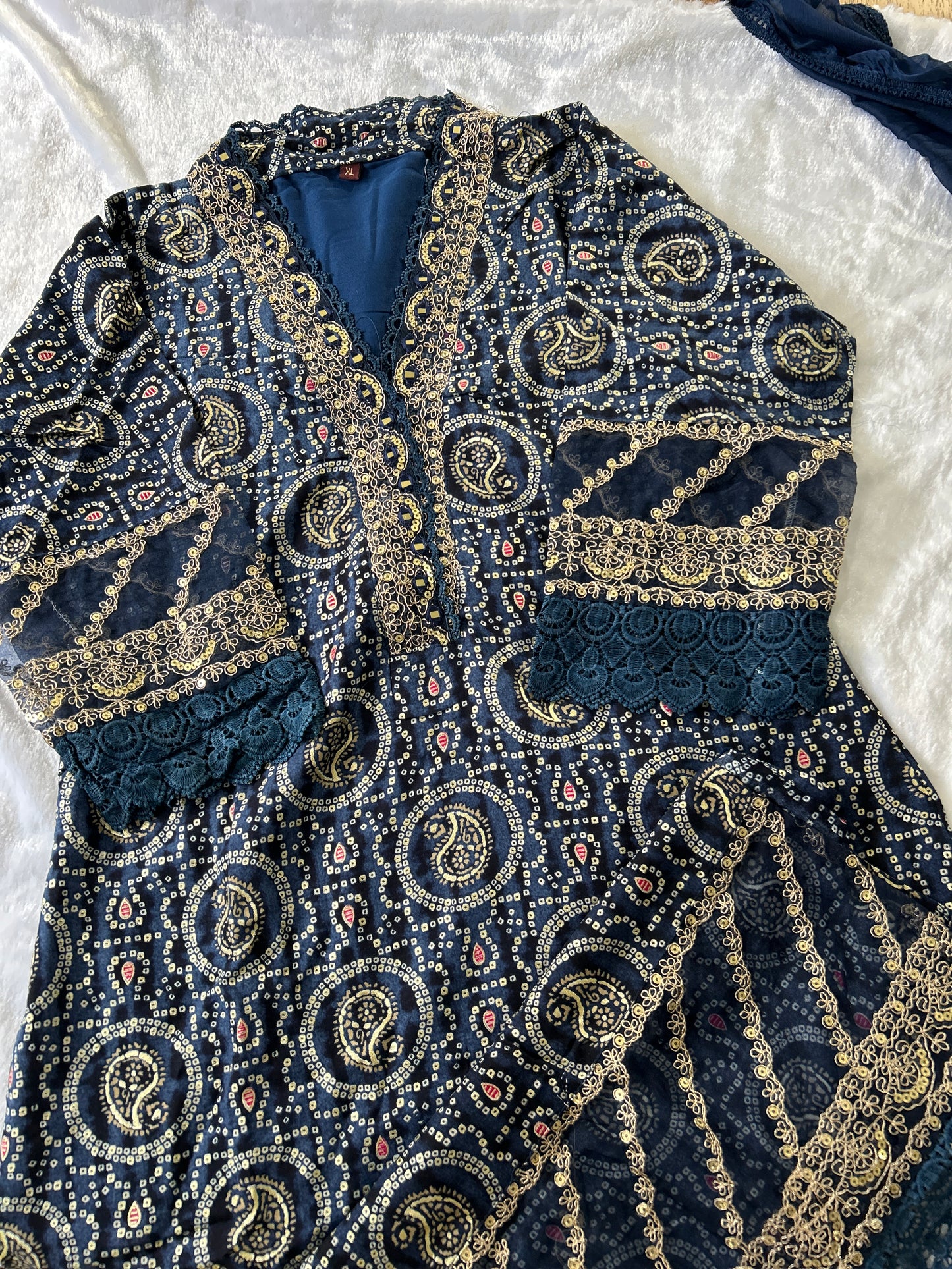 Navy Blue Bandhani Mirror Work Salwar Kameez with Dupatta@Auxerra