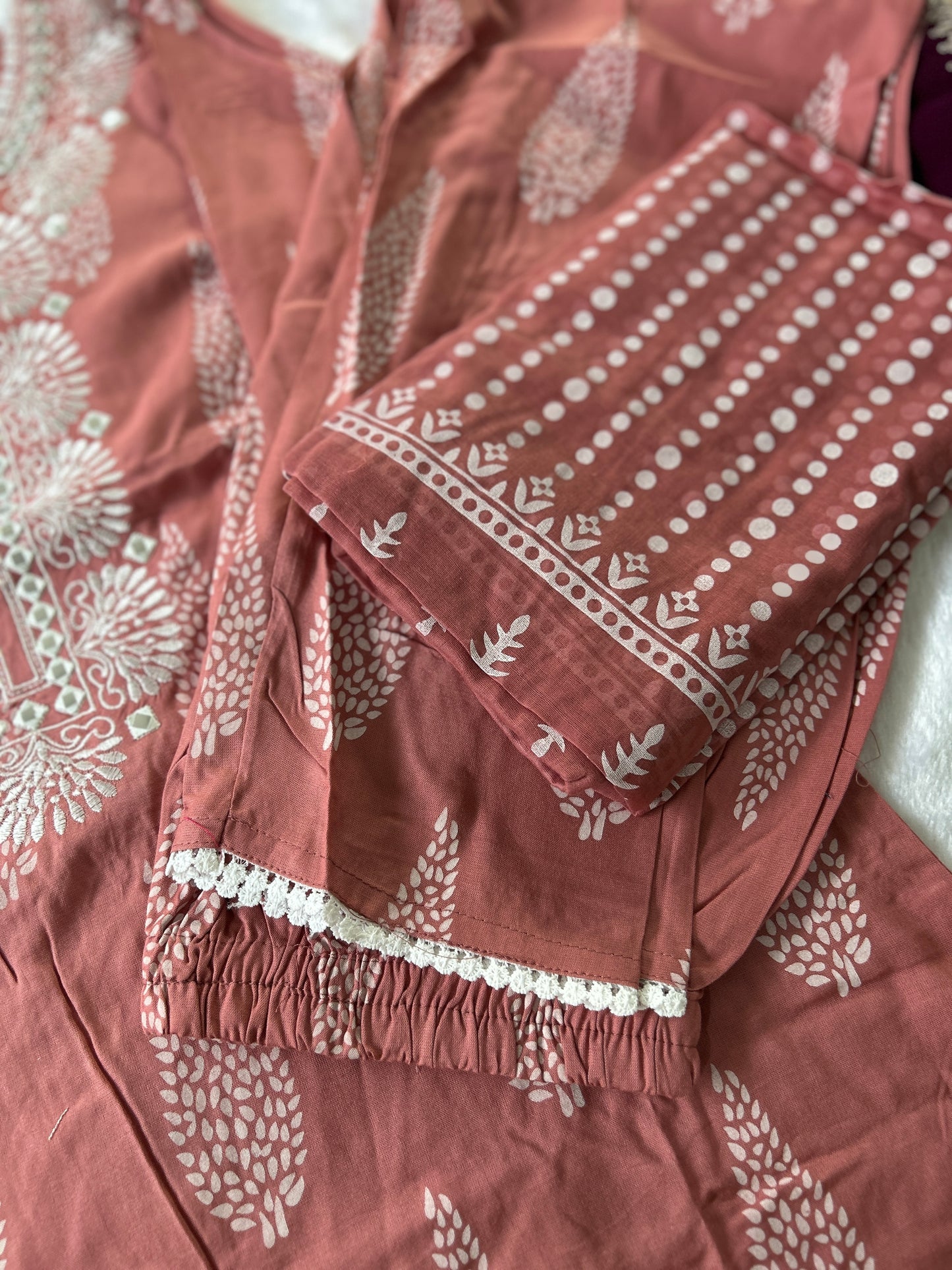 Rust Pink Pure Cotton Embroidered Salwar Kameez@Auxerra