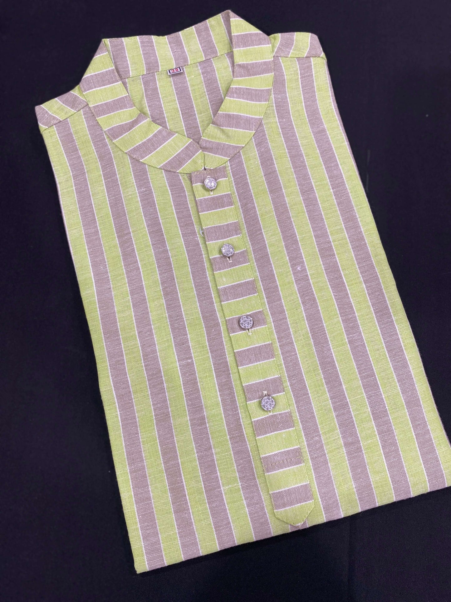 Elegant Striped Cotton Panjabi – Lime Green & Earthy Brown@Auxerra
