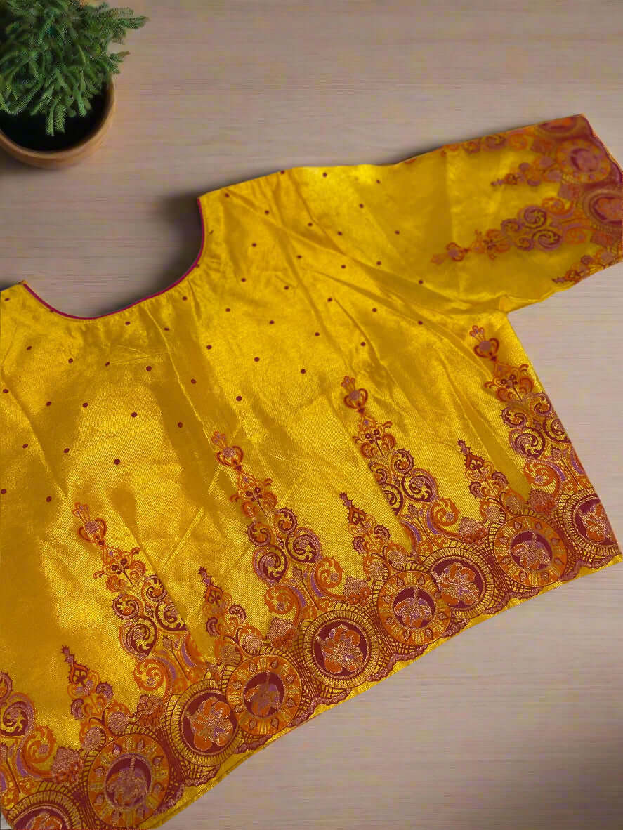 Golden Yellow Silk Brocade Blouse@Auxerra