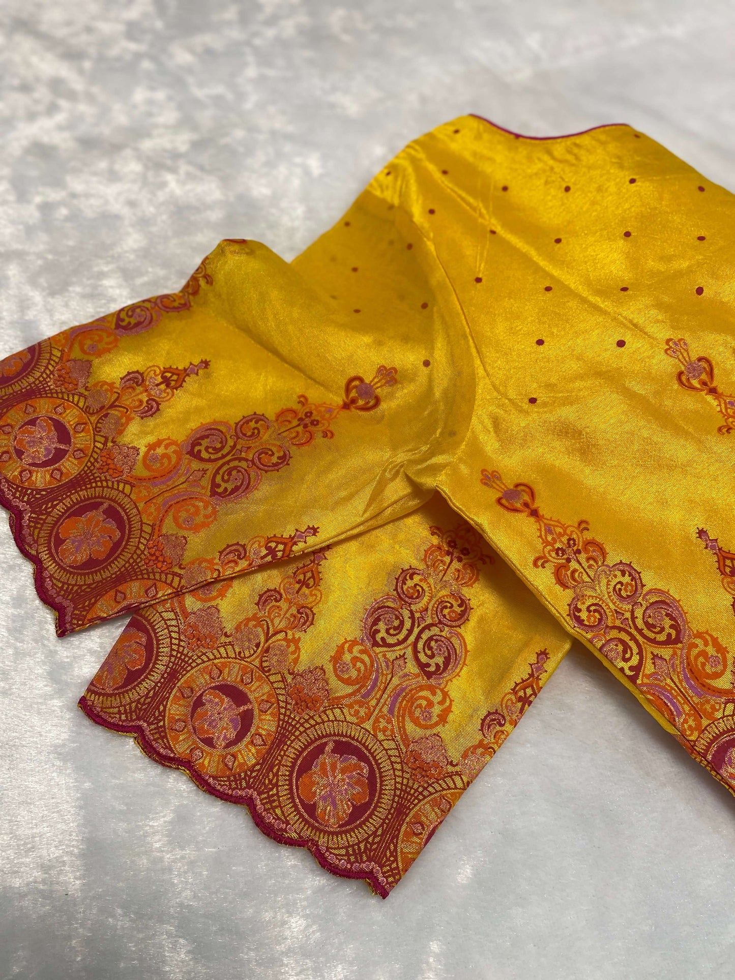 Golden Yellow Silk Brocade Blouse@Auxerra