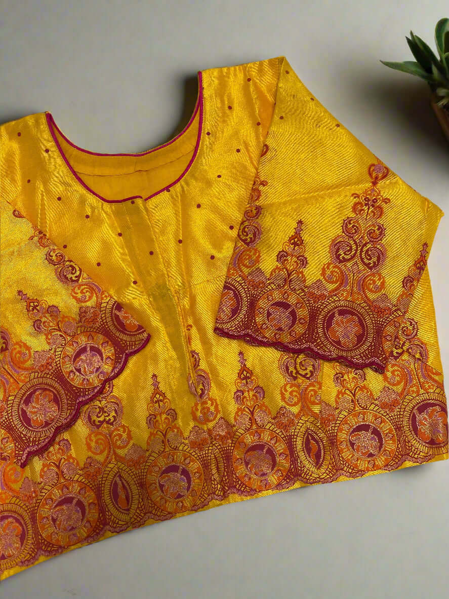 Golden Yellow Silk Brocade Blouse@Auxerra