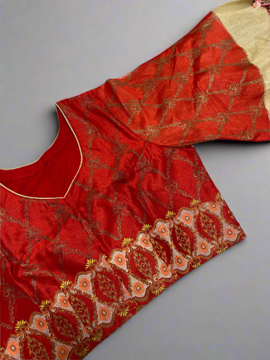 Rust Red and Gold Silk Brocade Blouse@Auxerra