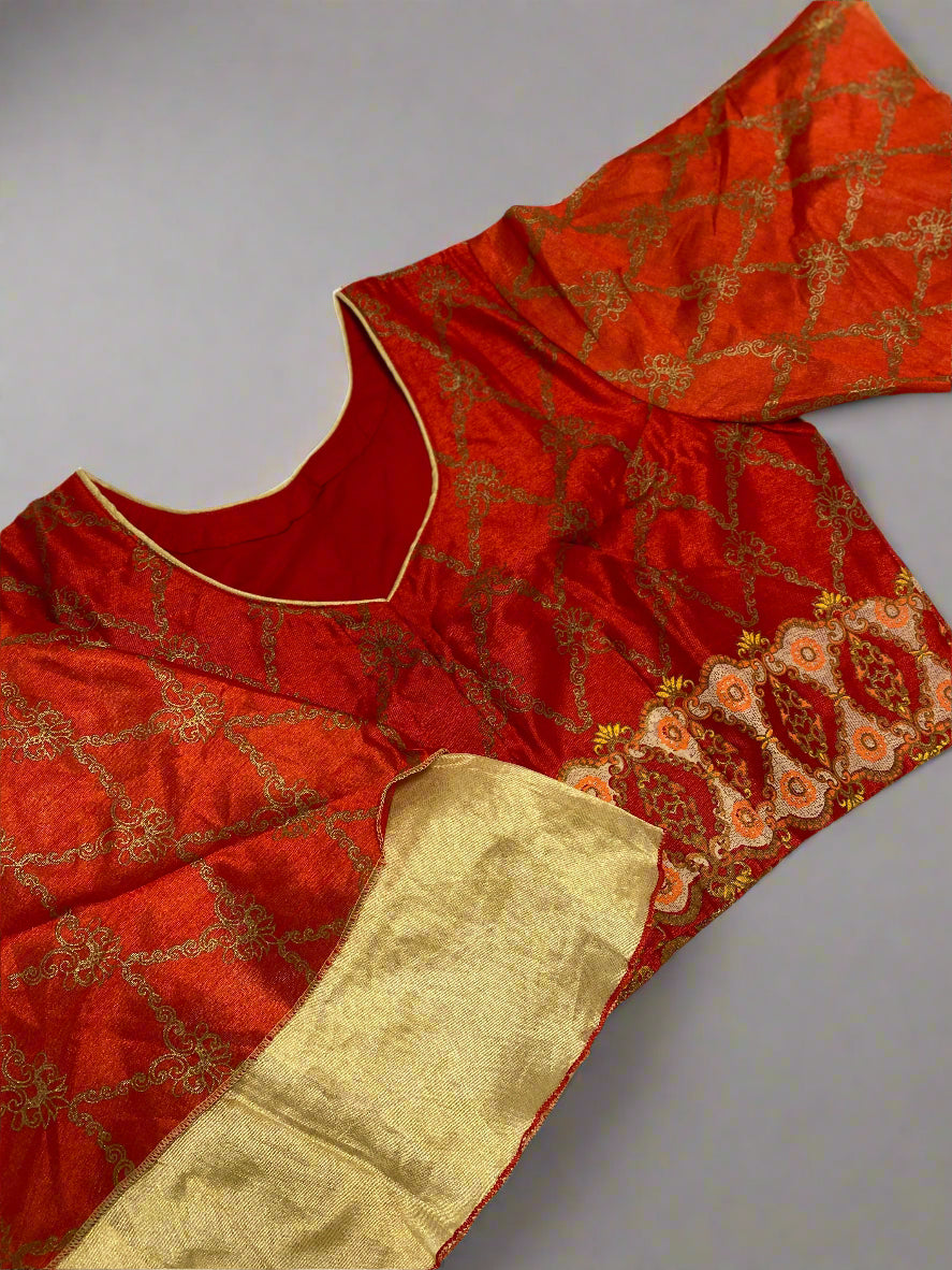 Rust Red and Gold Silk Brocade Blouse@Auxerra