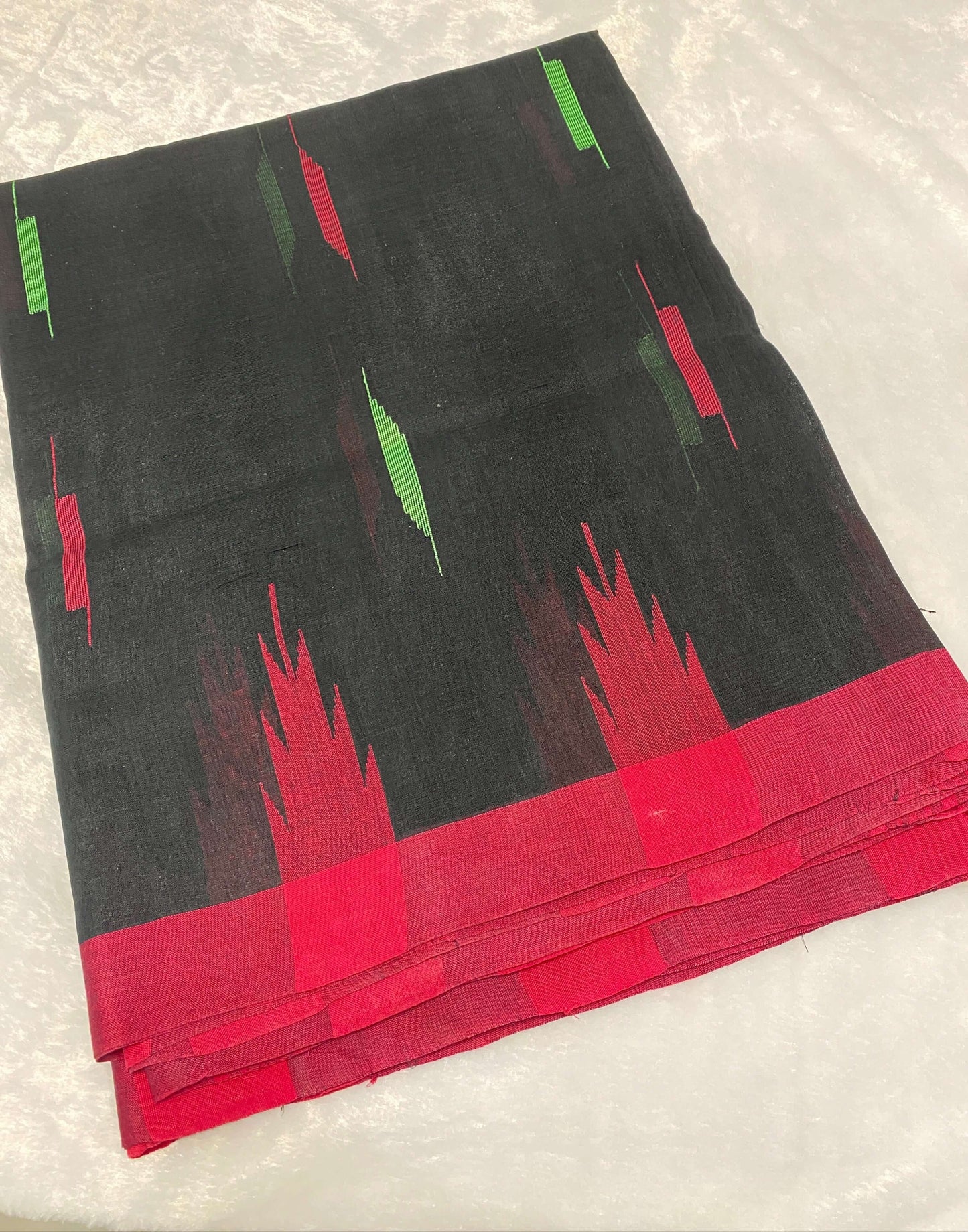 Black Manipuri Handloom Saree with Red and Green Accents@Auxerra