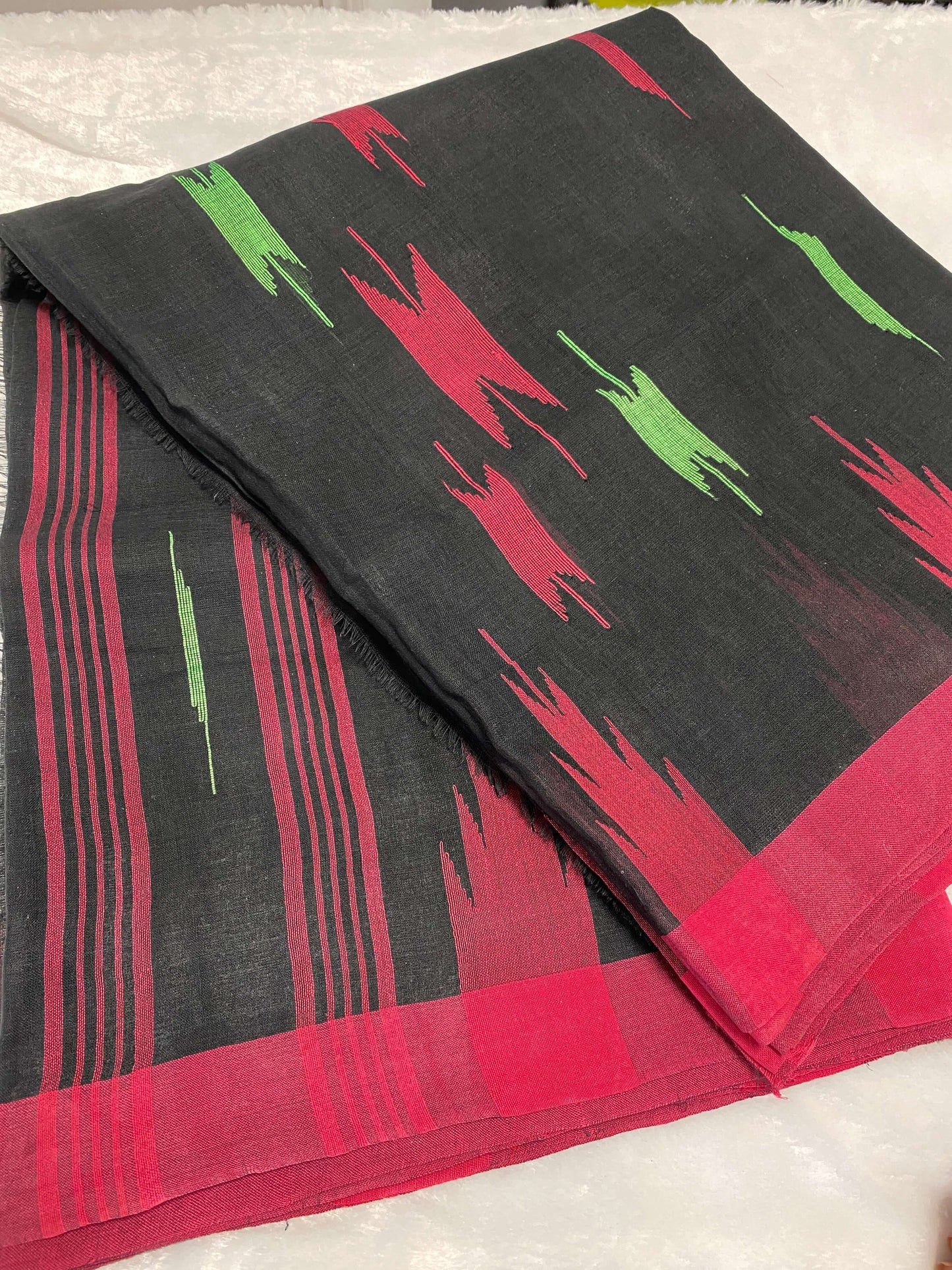 Black Manipuri Handloom Saree with Red and Green Accents@Auxerra