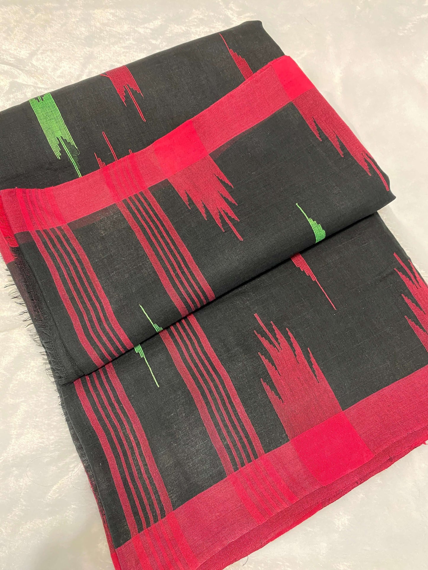 Black Manipuri Handloom Saree with Red and Green Accents@Auxerra