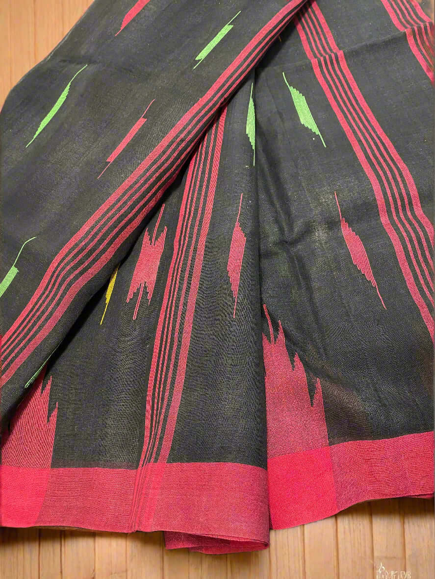 Black Manipuri Handloom Saree with Red and Green Accents@Auxerra