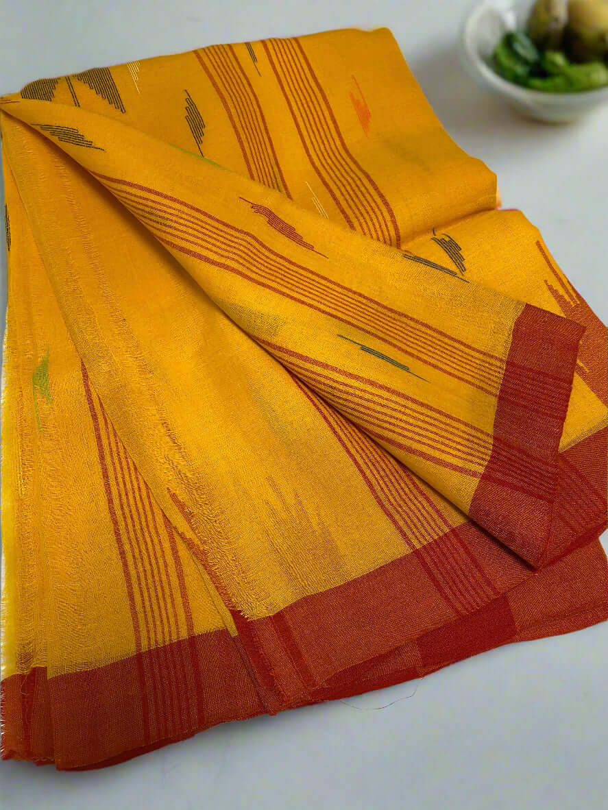 Golden Yellow Manipuri Handloom Saree with Deep Red Border@Auxerra