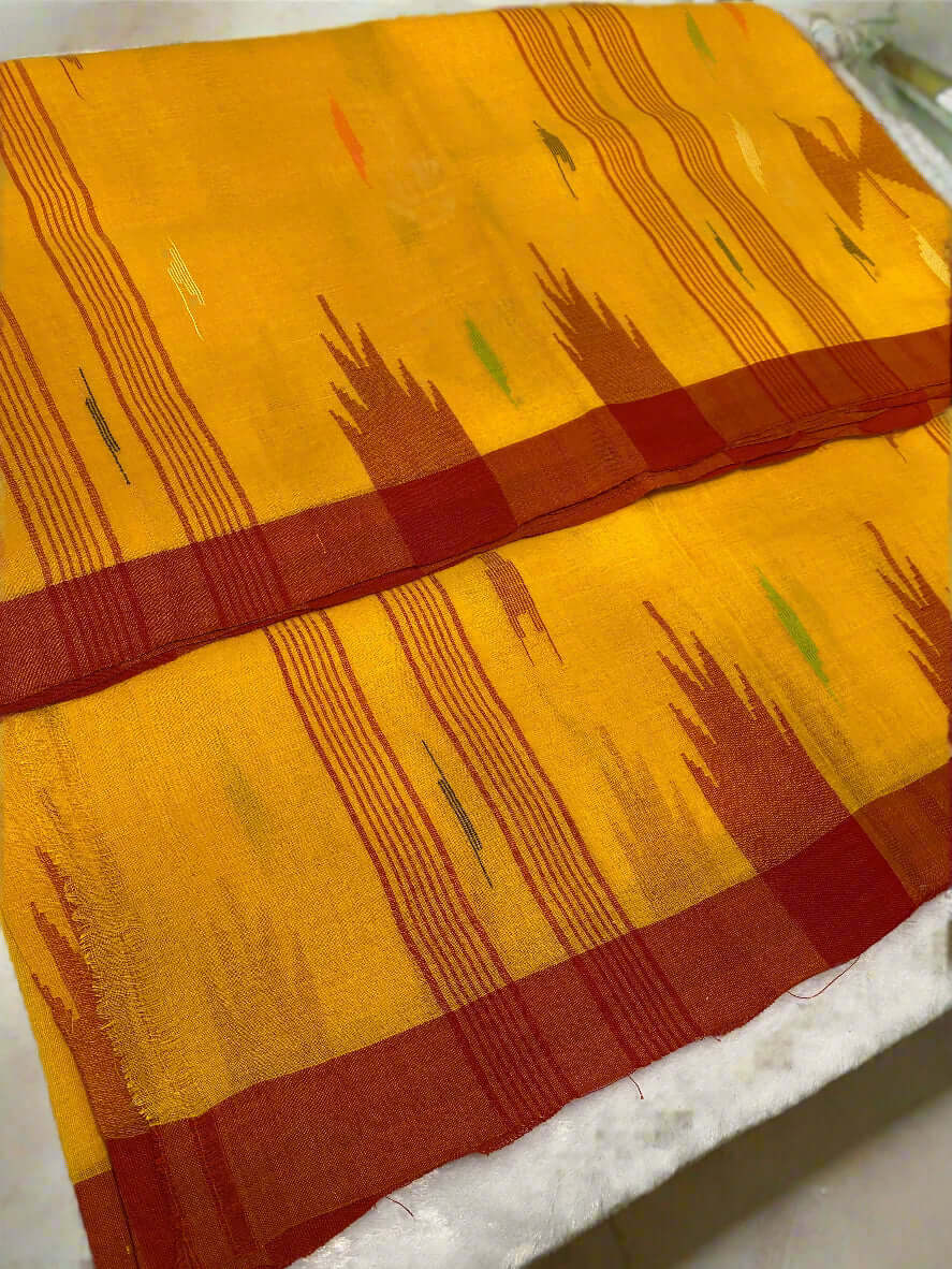 Golden Yellow Manipuri Handloom Saree with Deep Red Border@Auxerra