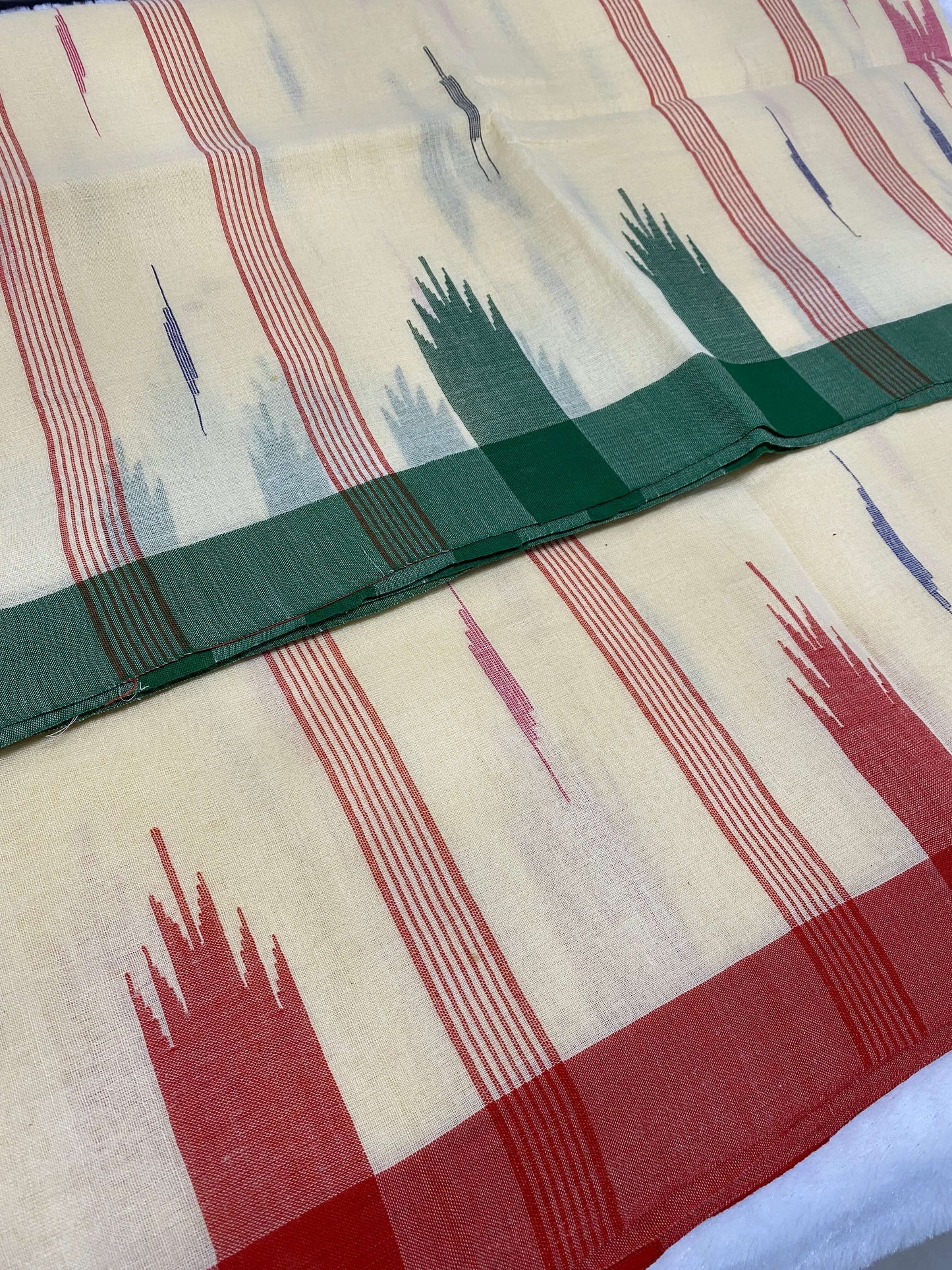 Ivory Manipuri Handloom Saree with Red and Green Borders@Auxerra