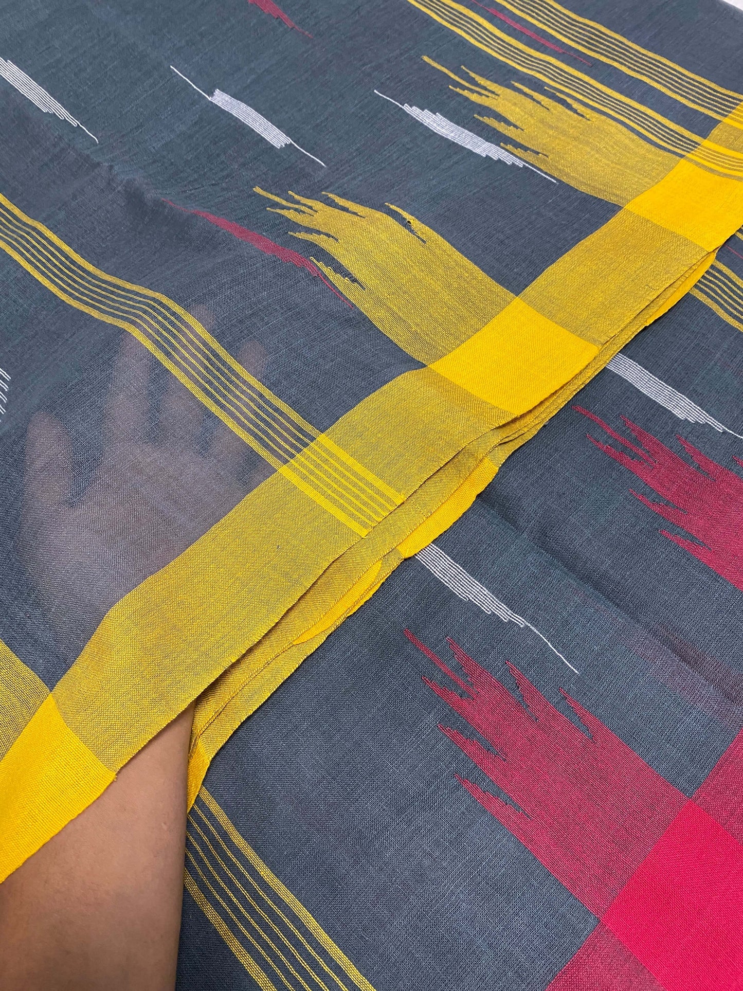 Charcoal Grey Manipuri Handloom Saree with Red and Yellow Accents@Auxerra