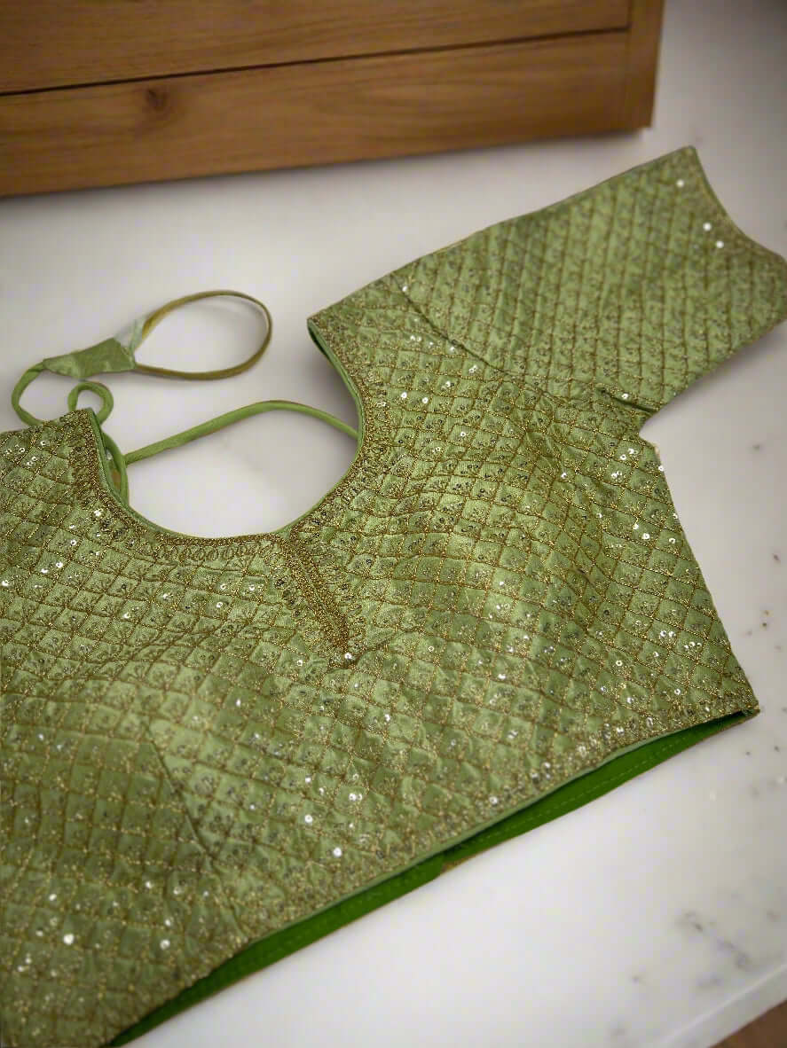 Embroidered Green Velvet Blouse@Auxerra