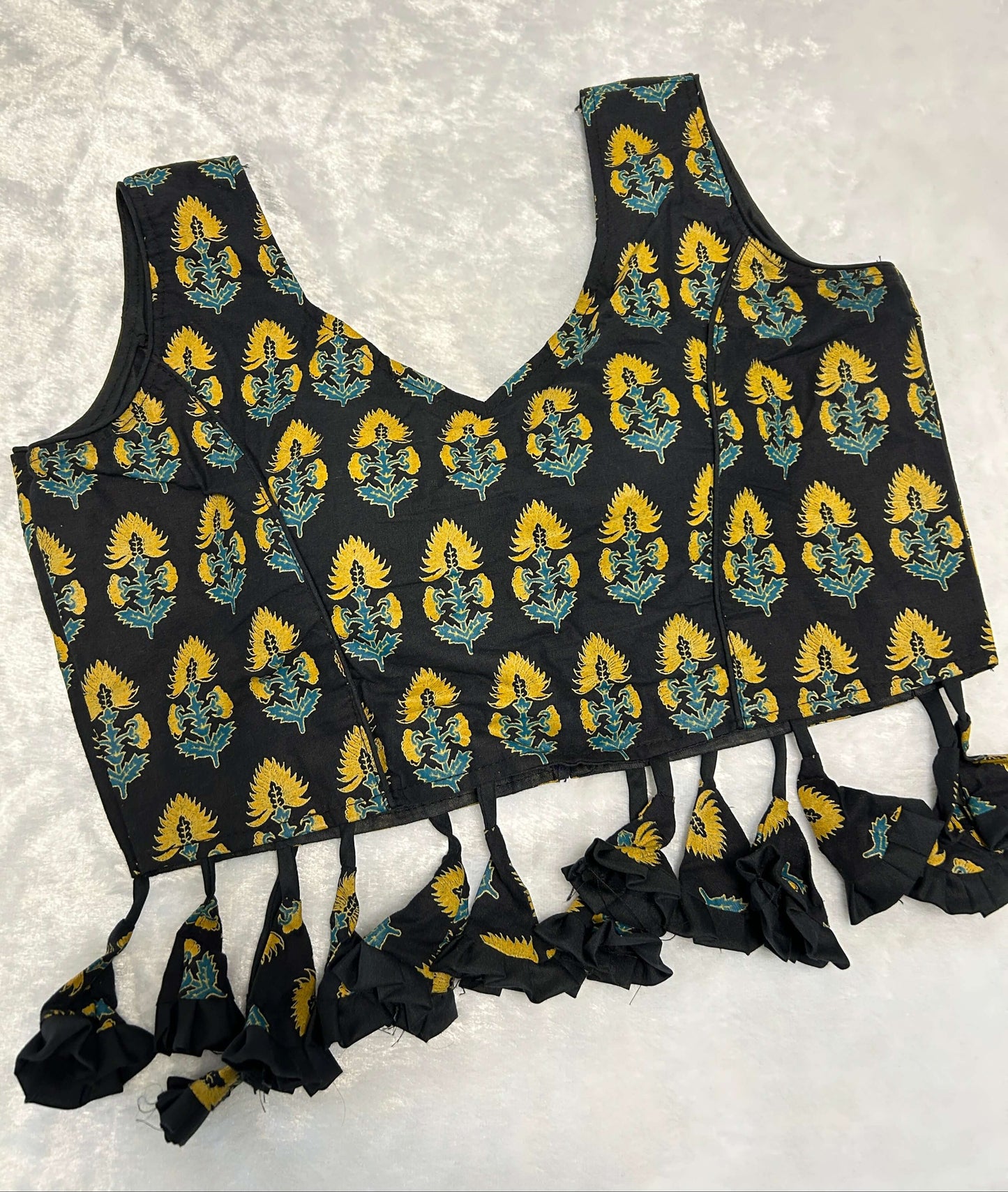 Black and Gold Handblock Printed Tassel Blouse@Auxerra