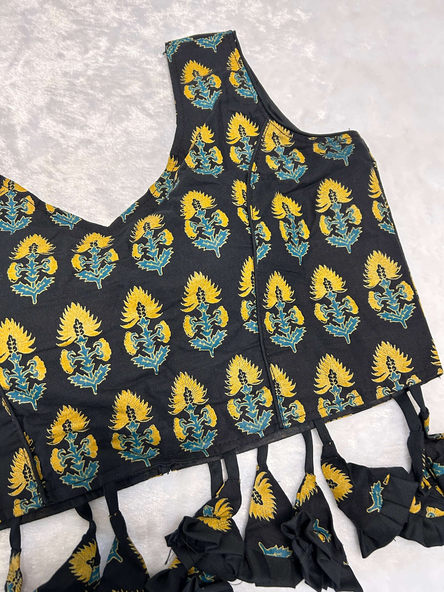 Black and Gold Handblock Printed Tassel Blouse@Auxerra