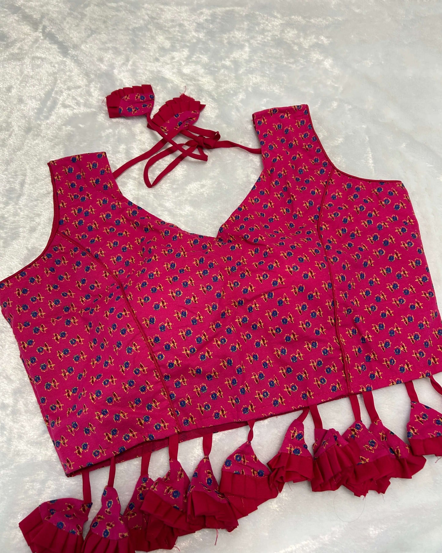 Pink Handblock Cotton Printed Tassel Blouse@Auxerra