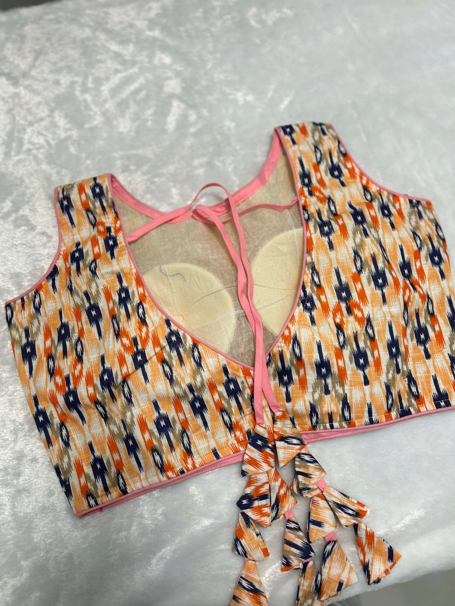 Multicolor Ikat Cotton Tassel Blouse@Auxerra